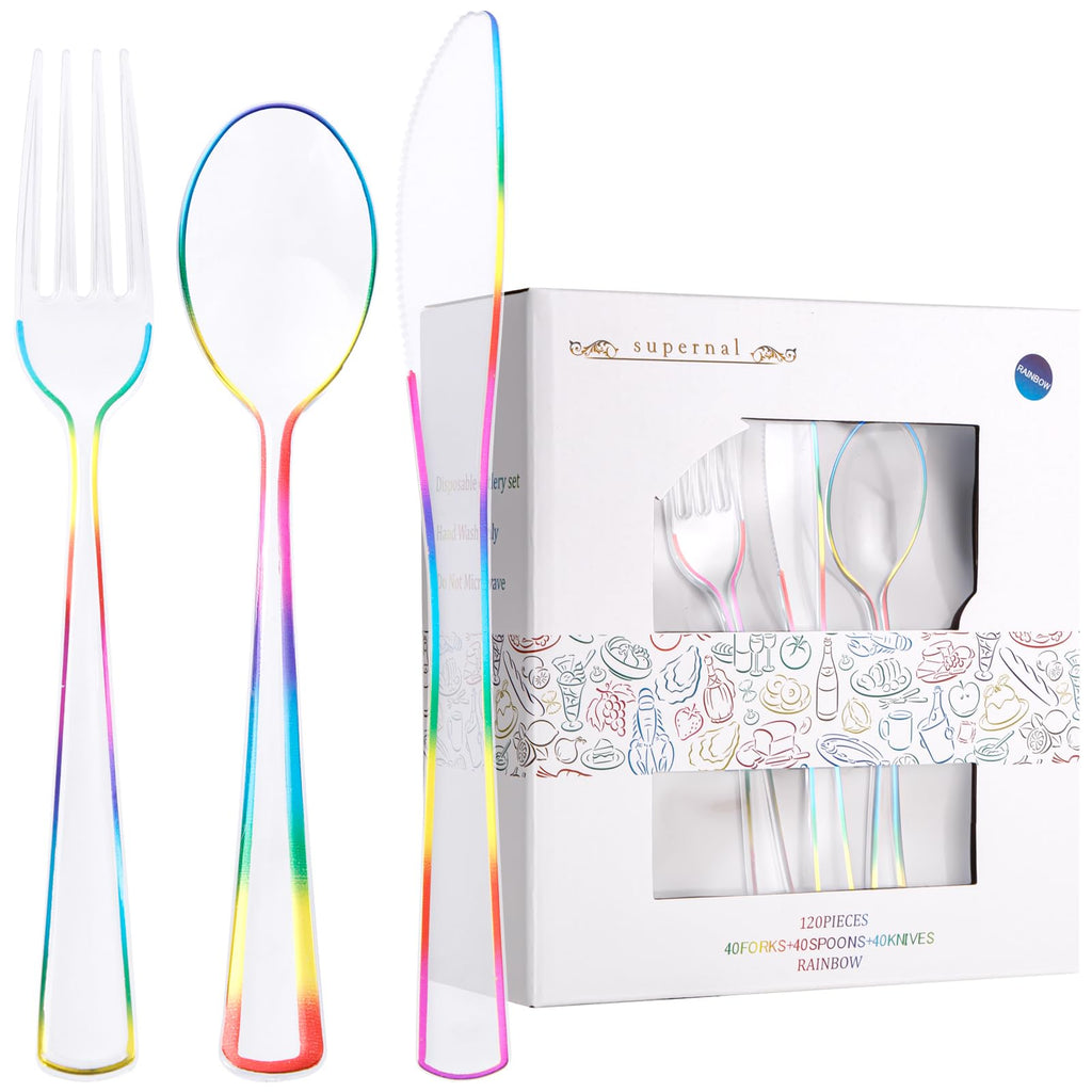 Supernal 120pcs Rainbow Plastic Silverware Set, Blue Pink Gold Ombre