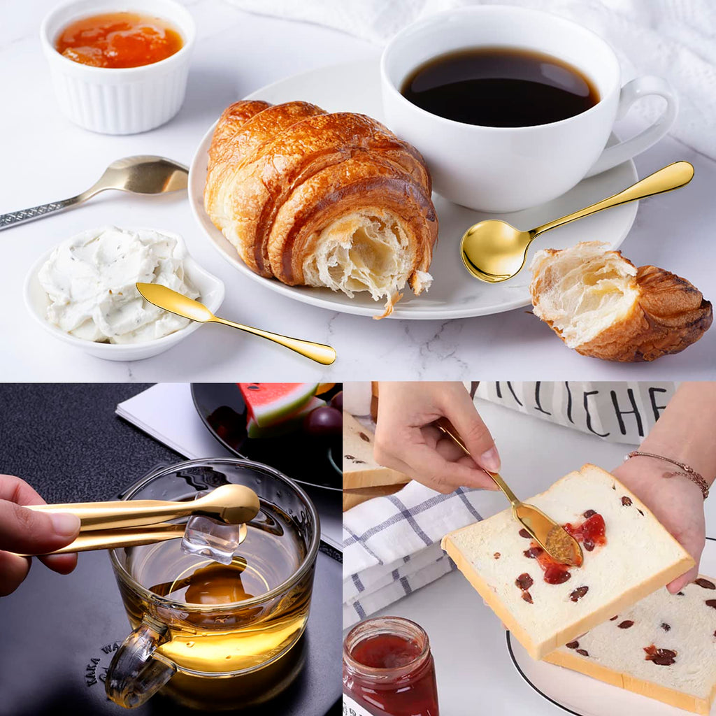 IAXSEE 12 PCS Stainless Steel Serving Utensils, Large Spoons Slotted Spoons Forks Tongs, Ice Suger Tongs, Pie Server, Butter Knife, Coffee Spoons, Great for Buffet Catering Banquet Party, Gold