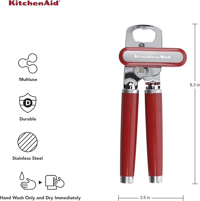 KitchenAid Classic Multifunction Can Opener and Bottle Opener Easy to Use, Razor Sharp Stainless Steel Cutting Wheel, Soft Ergonomic Handles, Empire Red
