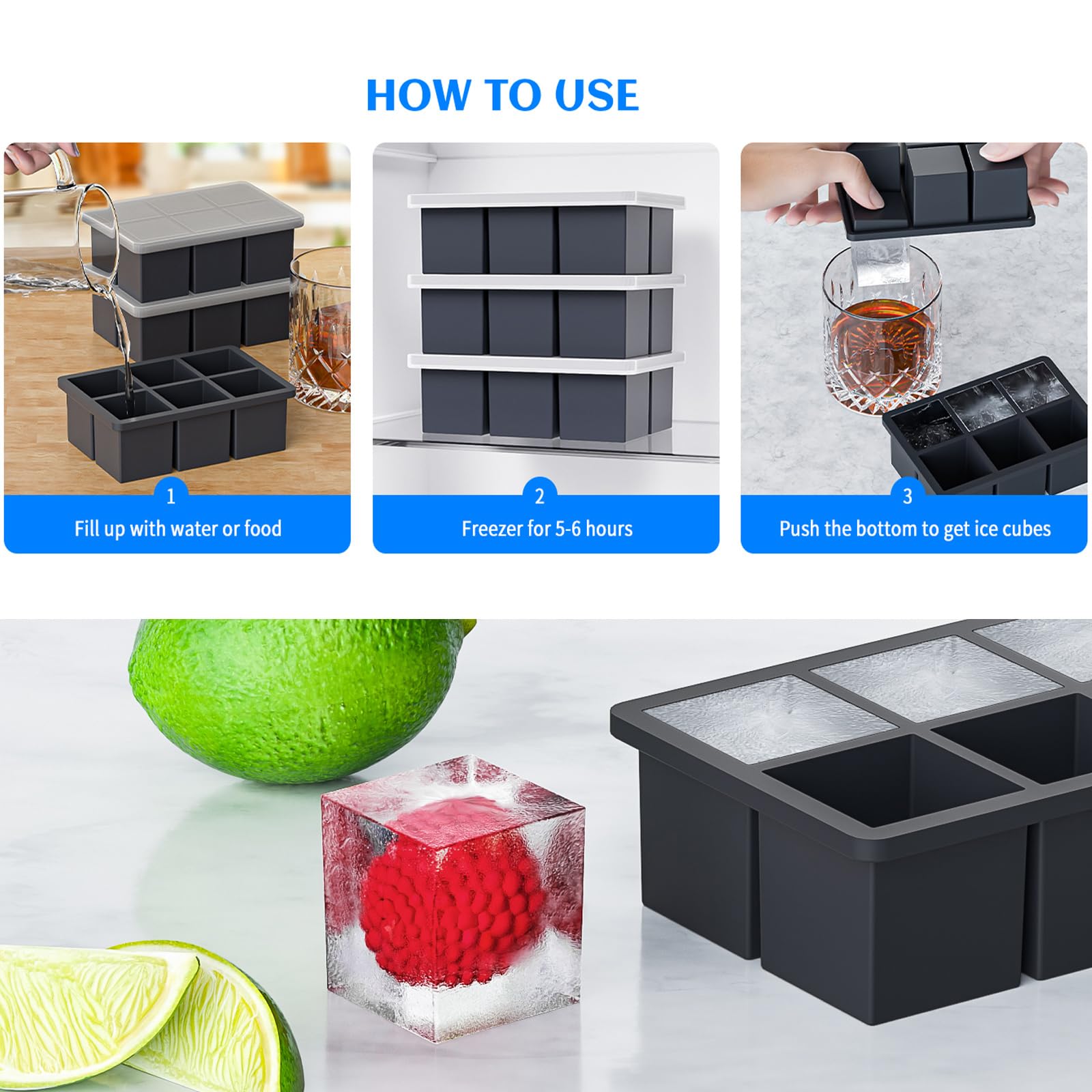 Large Ice Cube Tray for Whiskey 3 Pack, HANCELANT Big Silicone Square Ice Cube Mold with Removable Lid, 2'' Huge Square Ice Cubed Tray for Whisky and Cocktail