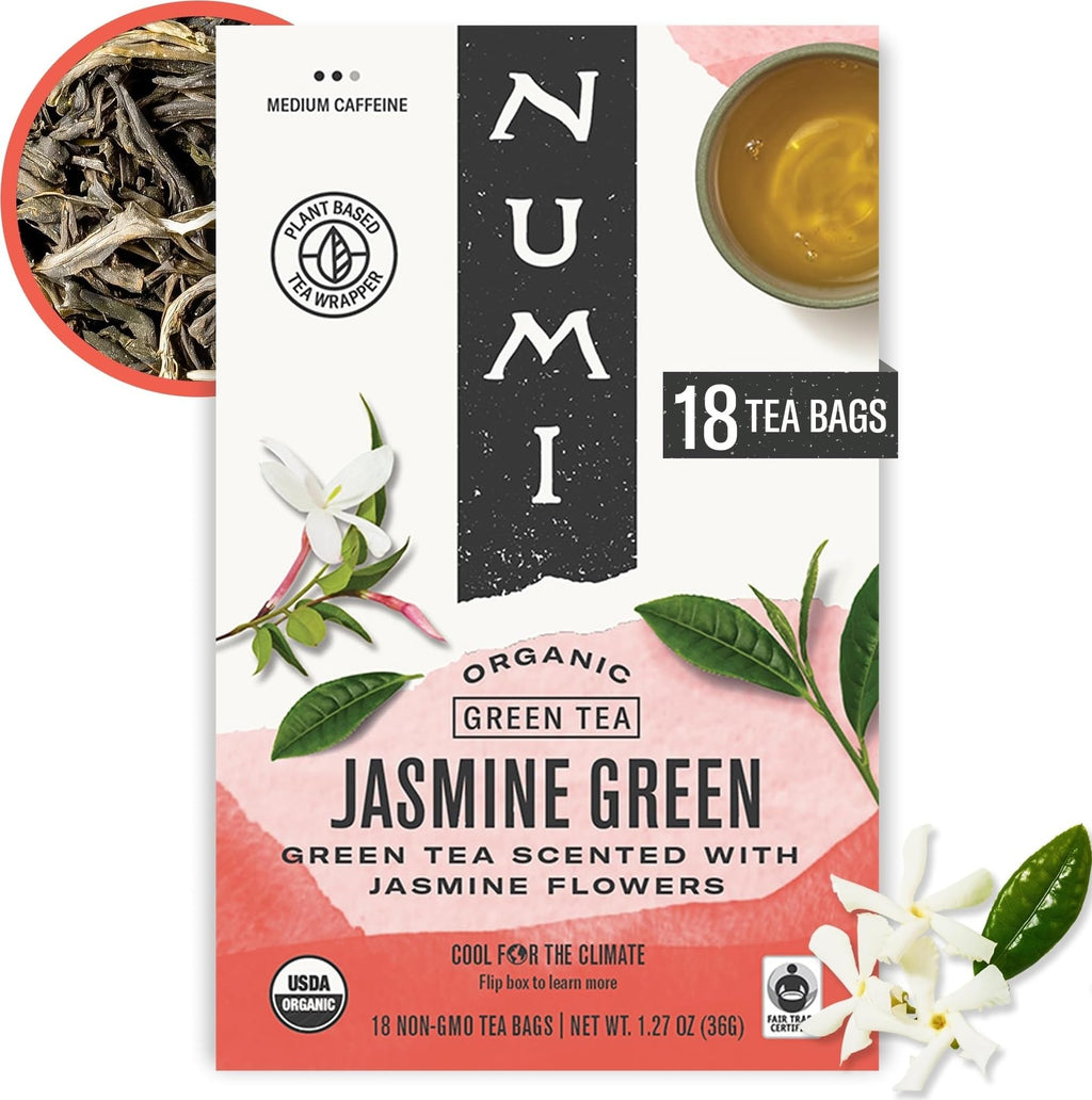 Numi Organic Jasmine Green Tea, 54 Green Tea Bags with Real Jasmine Flowers