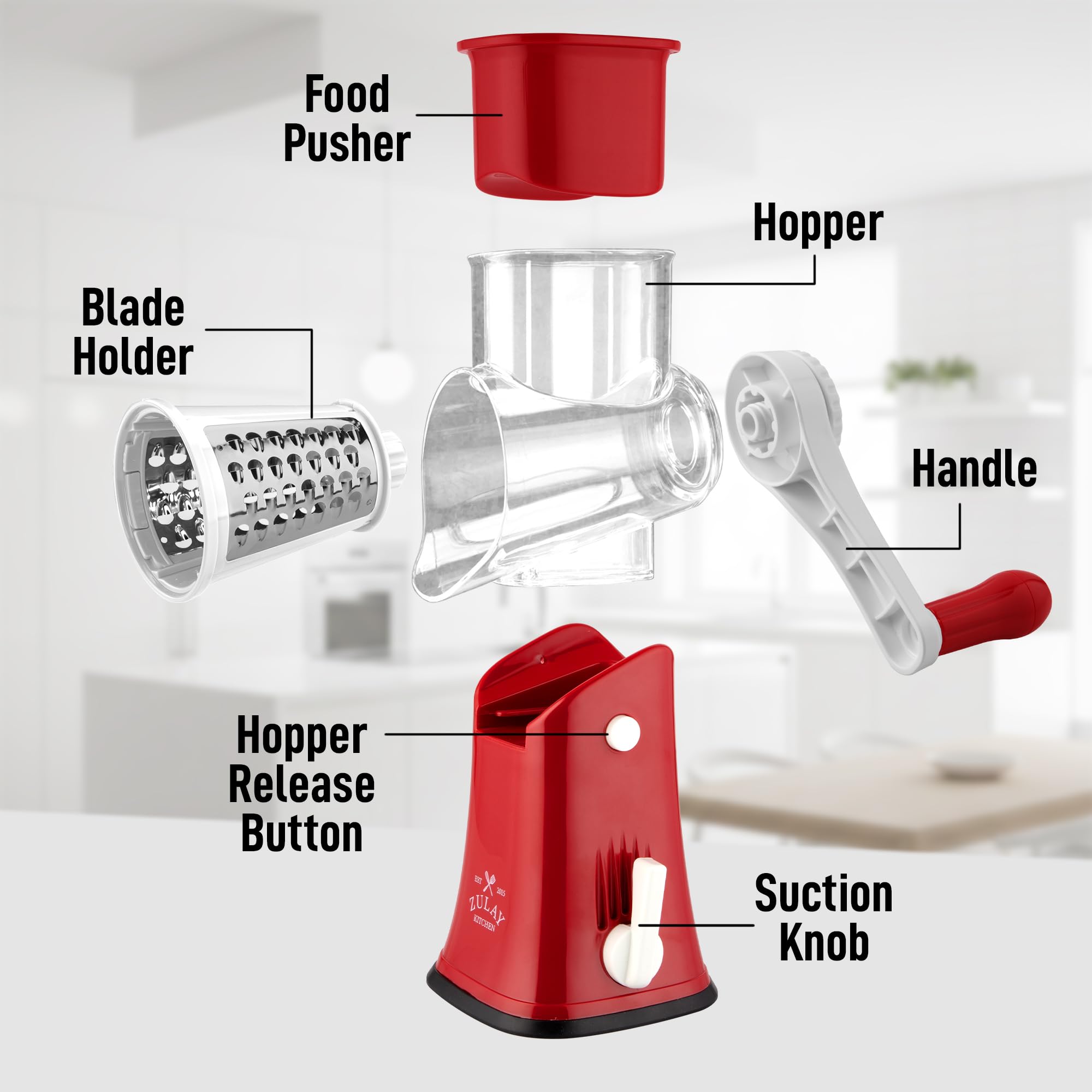 Zulay Kitchen Rotary Cheese Grater 5 Blade Cheese Shredder - Manual Hand Crank Cheese Grater With Reinforced Suction & 5 Interchangeable Drums - Easy to Use, Vegetable Chopper Round Mandoline Slicer