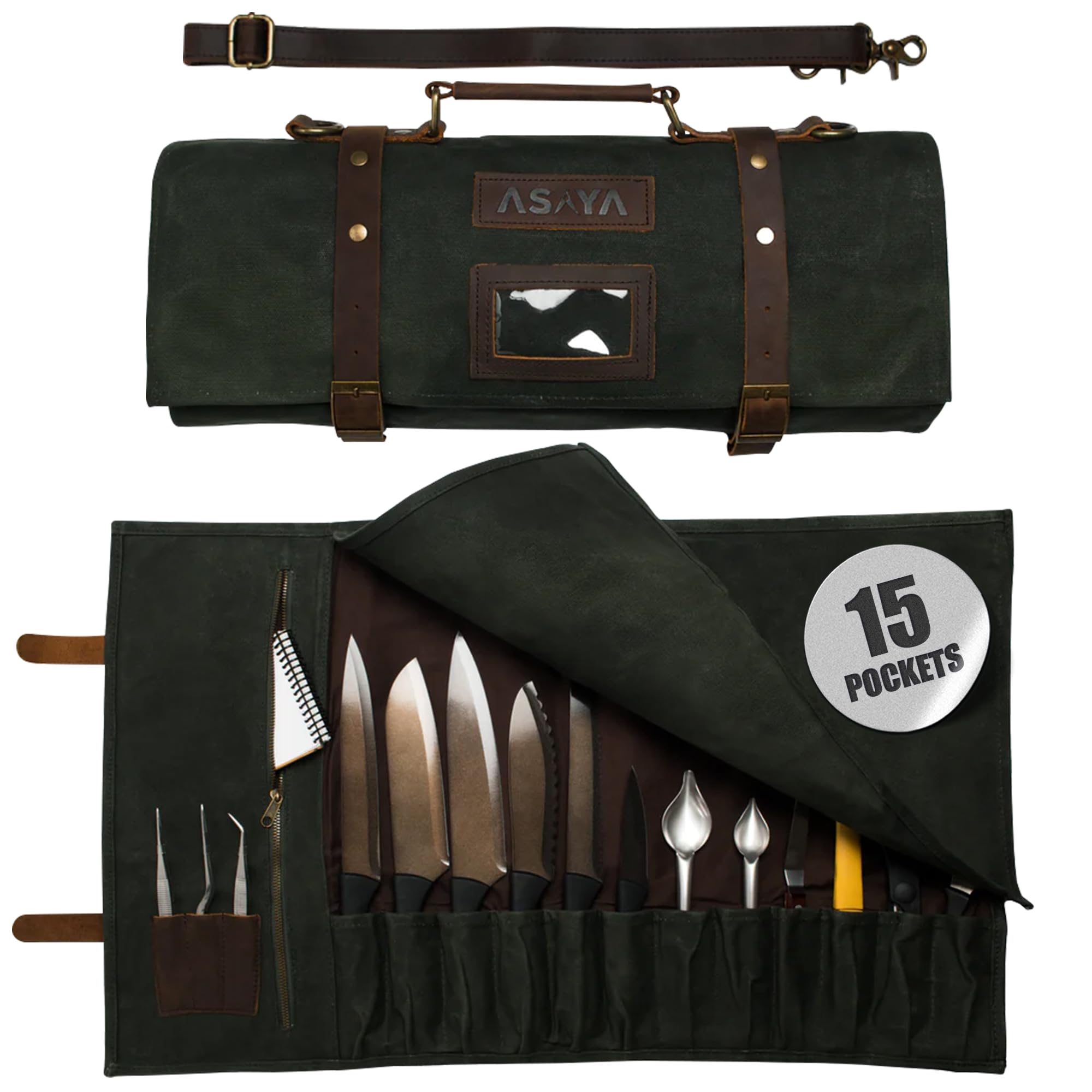 Asaya Waxed Canvas Knife Roll Bag - 15-Slot Chef Knife Bag with Leather Straps, Large Zippered Pocket and Card Holder - Carrying Case for Chefs and Culinary Students – Knives Not Included (Green)