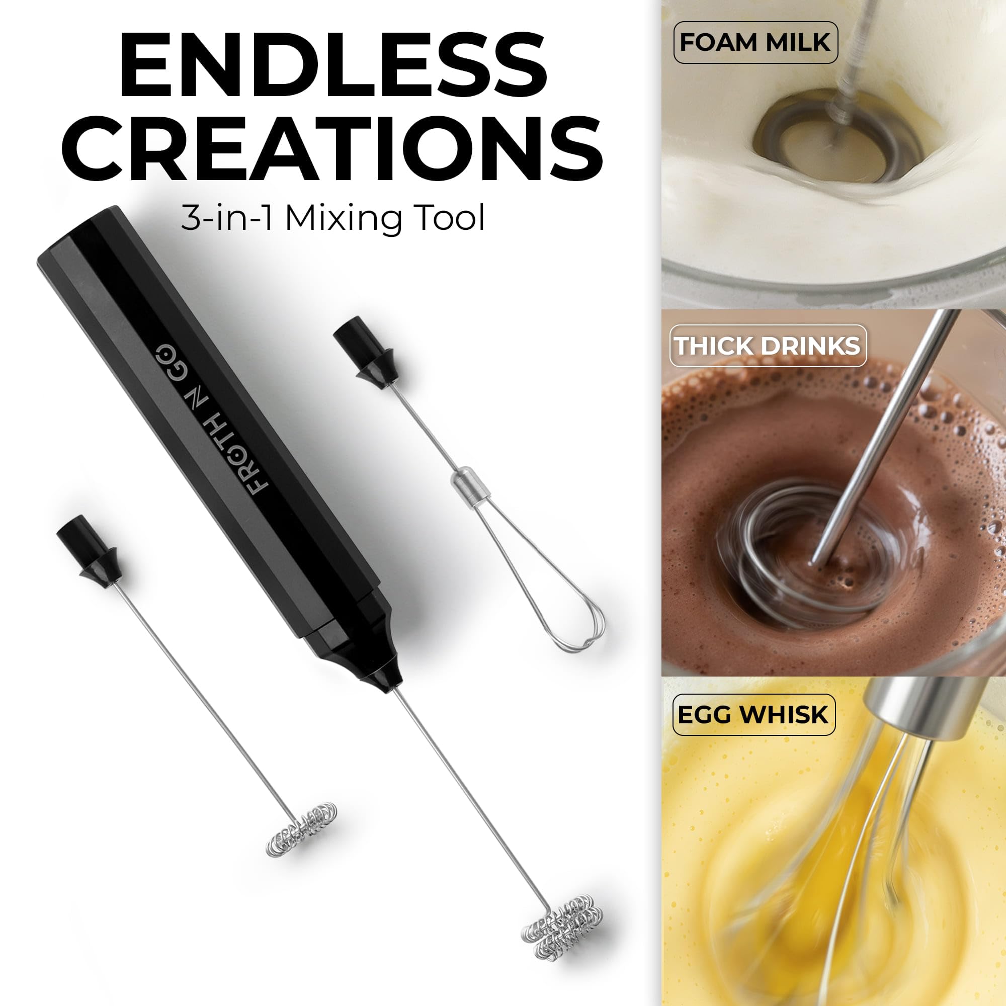 Zulay Rechargeable Milk Frother – 3-in-1 Handheld Frother Wand with Travel Case & USB-C Charger – Single, Double & Egg Whisk for Latte, Cappuccino, Matcha, Protein Shakes - Froth N Go Deep Black