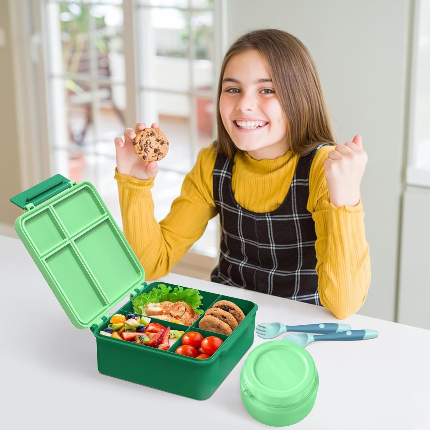 Aimsnk Lunch Box Kids with Thermo Insulated Lunch Bag for School, Green