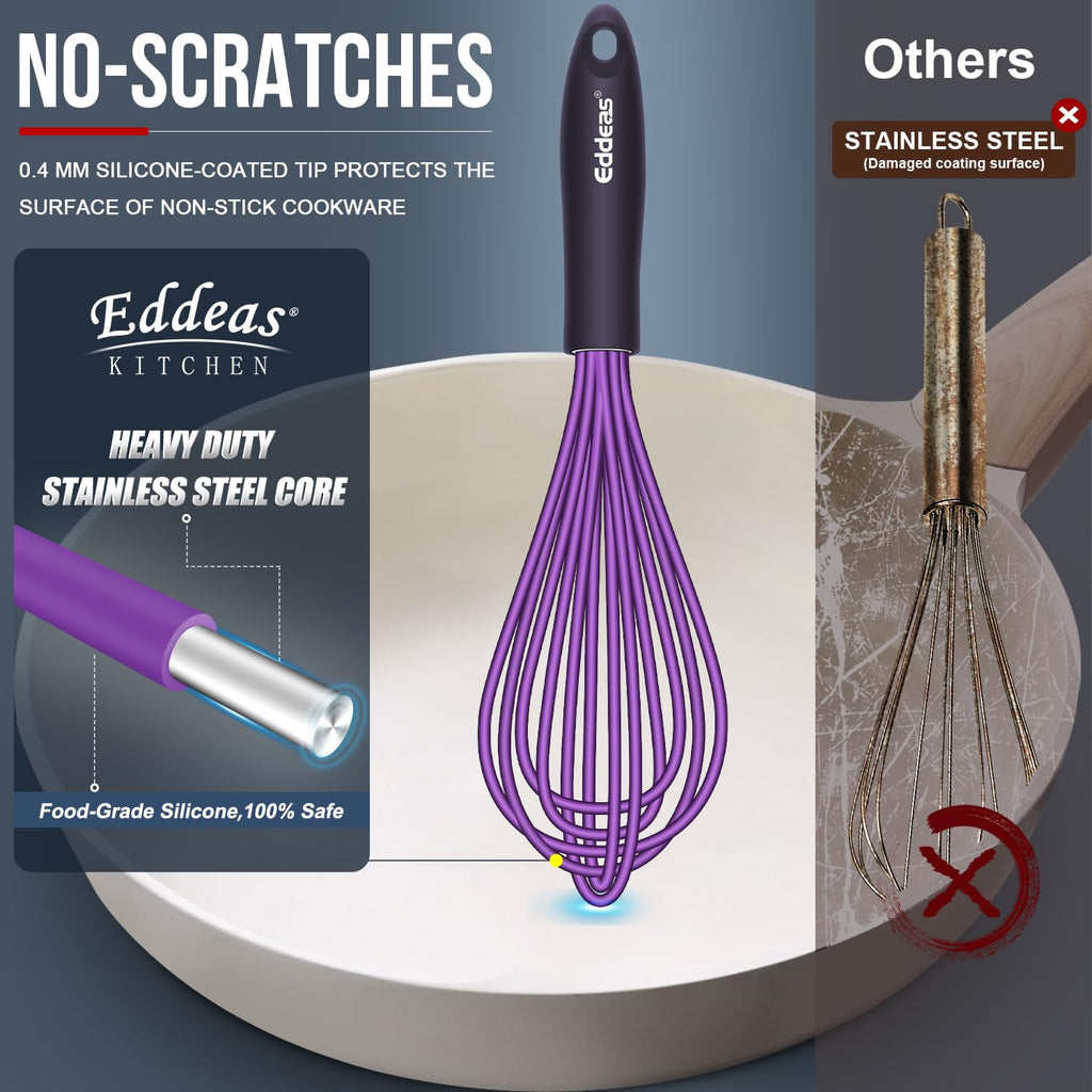 Eddeas Silicone Whisk, 500°F Heat Resistant Non Scratch Coated Whisks for Cooking Baking Balloon wisk, Kitchen Whisk Tool Set, for Stirring, Beating & Blending of 3 Size 7.5"+ 9" +11 inch