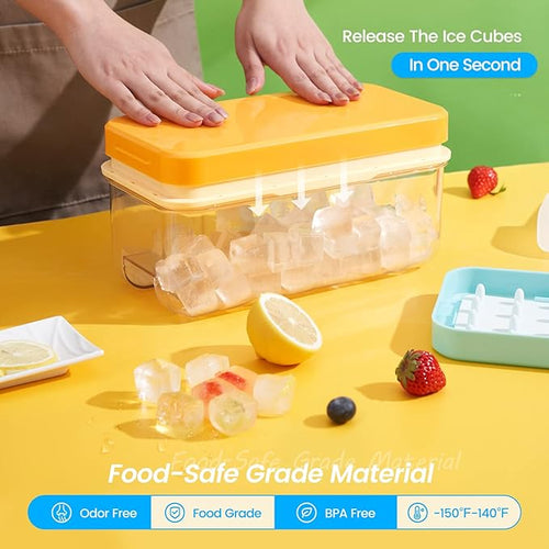 0.8“ Ice Cube Tray with Lid and Bin, PHINOX 84 Cubes Ice Trays for Freezer, Ice Cube Trays for Freezer with 3 trays, Container, Lid & Ice Scoop, BPA Free, Yellow(28Cubes/Tier)
