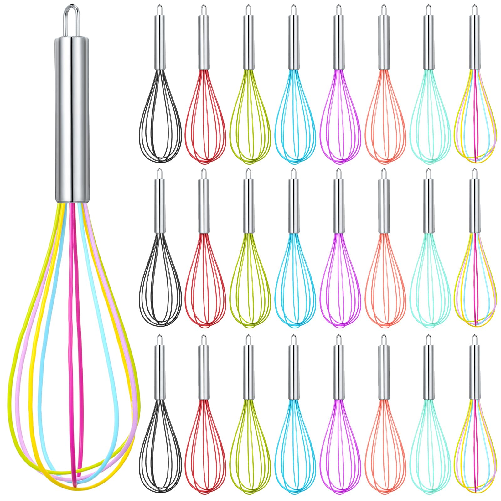 Domensi 24 Pcs 12 Inch Whisks Bulk for Cooking Silicone Whisks Non Scratch Stainless Steel Egg Beater Colorful Coated Metal Heat Resistant Egg Beaters for Valentines Day Party Favor Gift Supplies
