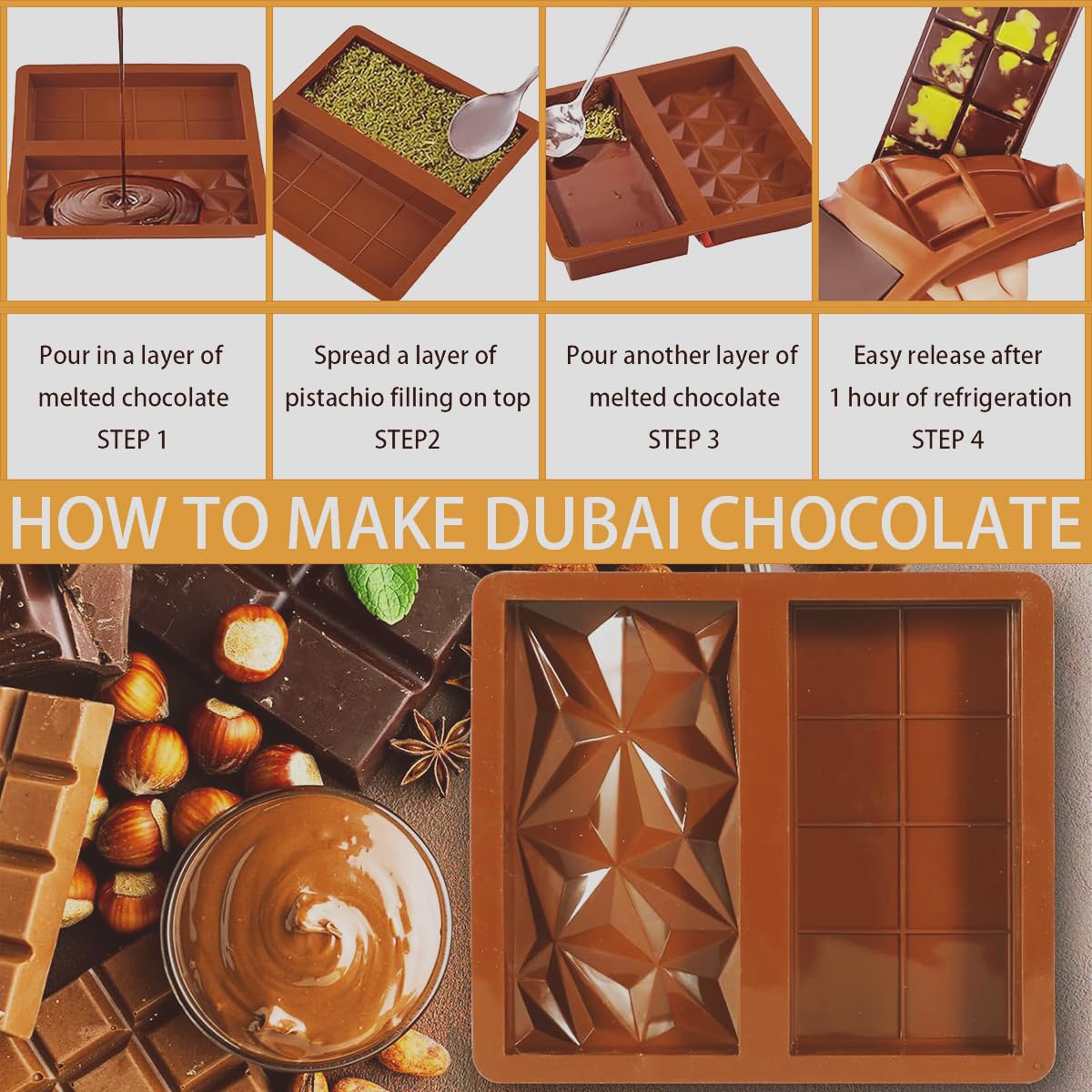 Dubai Chocolate Molds Silicone, 1 Inch Deep Chocolate Bar Mold for Candy Bar，Desserts，Homemade Snack Baking Mold - Set of 1