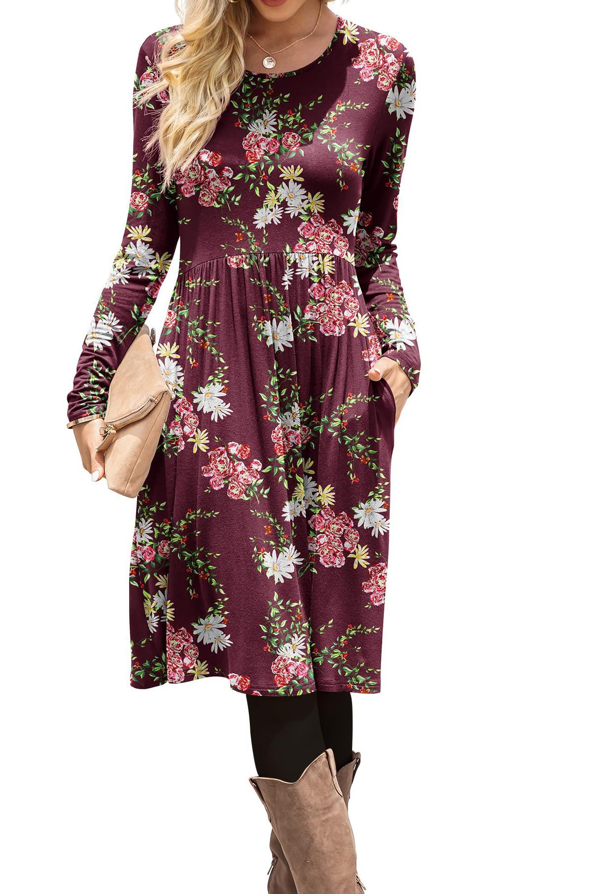 DB MOON Women Casual Long Sleeve Dresses Empire Waist Loose Dress with Pockets (Flower Wine Red, M)