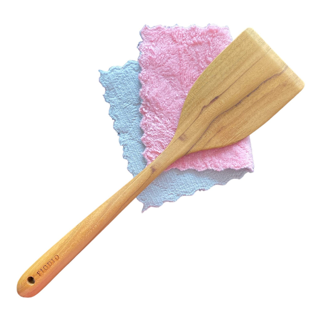 Fiodio Home Teak Wooden Spatula, Spoons & Slotted Turner for Cooking – Natural Non-Stick, Handcrafted Kitchen Utensils with Comfort Grip & Microfiber Cloth