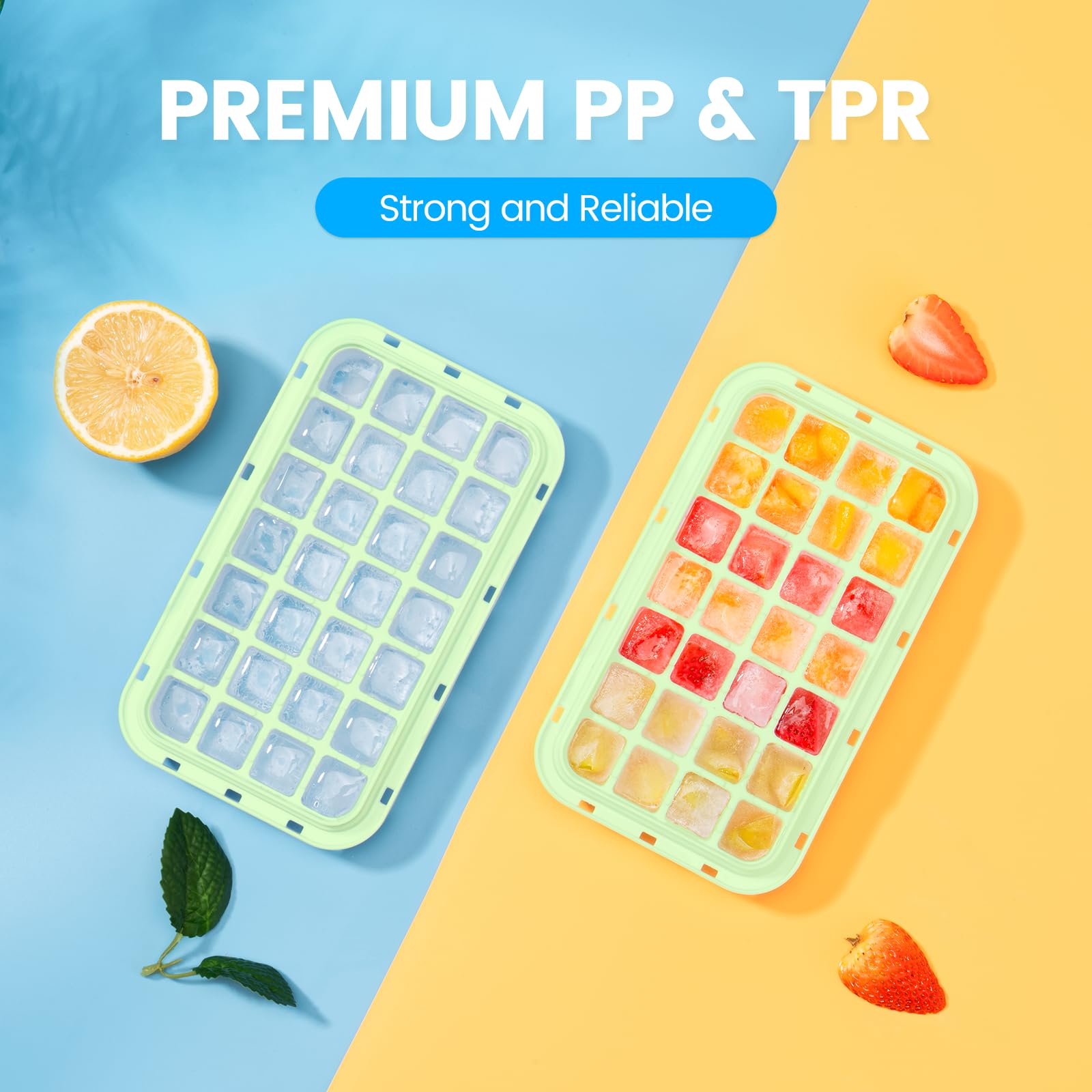 0.8“ Ice Cube Tray with Lid and Bin, PHINOX 28 Cubes Ice Trays for Freezer, Ice Cube Trays for Freezer with 1 tray, Container, Lid & Ice Scoop, BPA Free, Green(28Cubes/Tier)