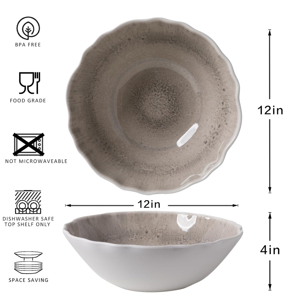 ZAROCRUS Melamine Serving Bowls Set of 2, 12''x4'' Large Salad Bowls, Fruit Bowls, Mixing Bowls, Serving Bowls for Kitchen, Ideal for Prepping and Serving Food, Gray