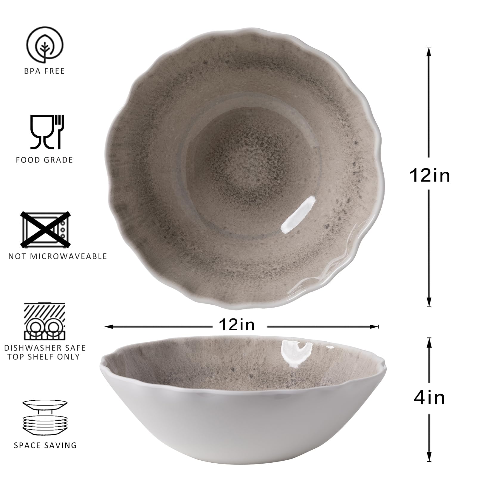ZAROCRUS Melamine Serving Bowls Set of 2, 12''x4'' Large Salad Bowls, Fruit Bowls, Mixing Bowls, Serving Bowls for Kitchen, Ideal for Prepping and Serving Food, Gray