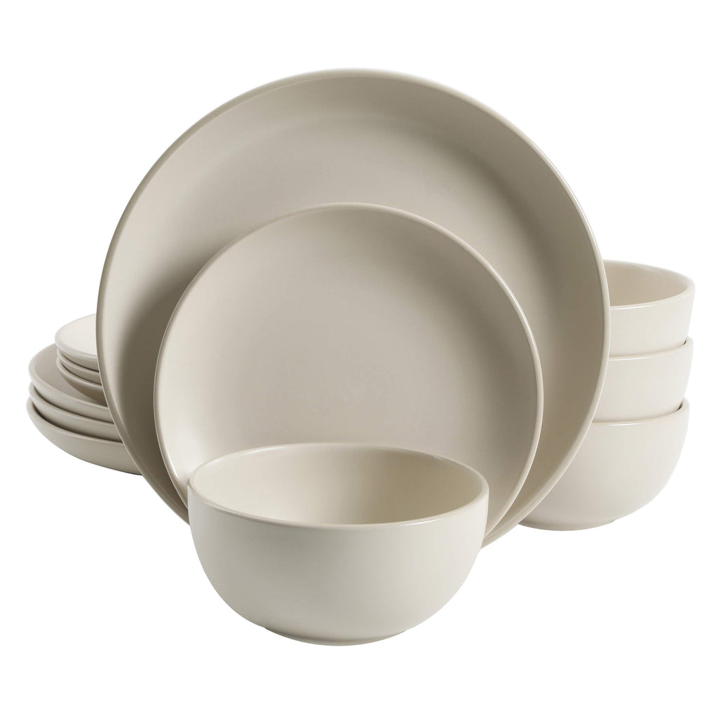 Gibson Home Rockaway 12-Piece Round Stoneware Dinnerware Set, Service for 4 – Cream Plates and Bowls, Modern Matte Finish, Microwave & Dishwasher Safe
