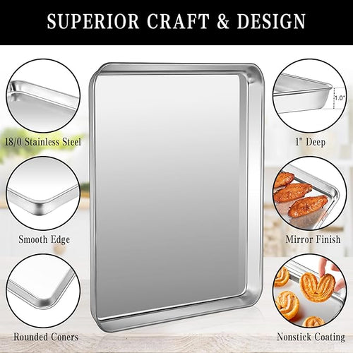 2 Pack Quarter Sheet Pan 12.4” x 12” Stainless Steel Cookie Sheets for Baking, Non Stick Baking Sheets for Oven Heavy Duty Baking Trays