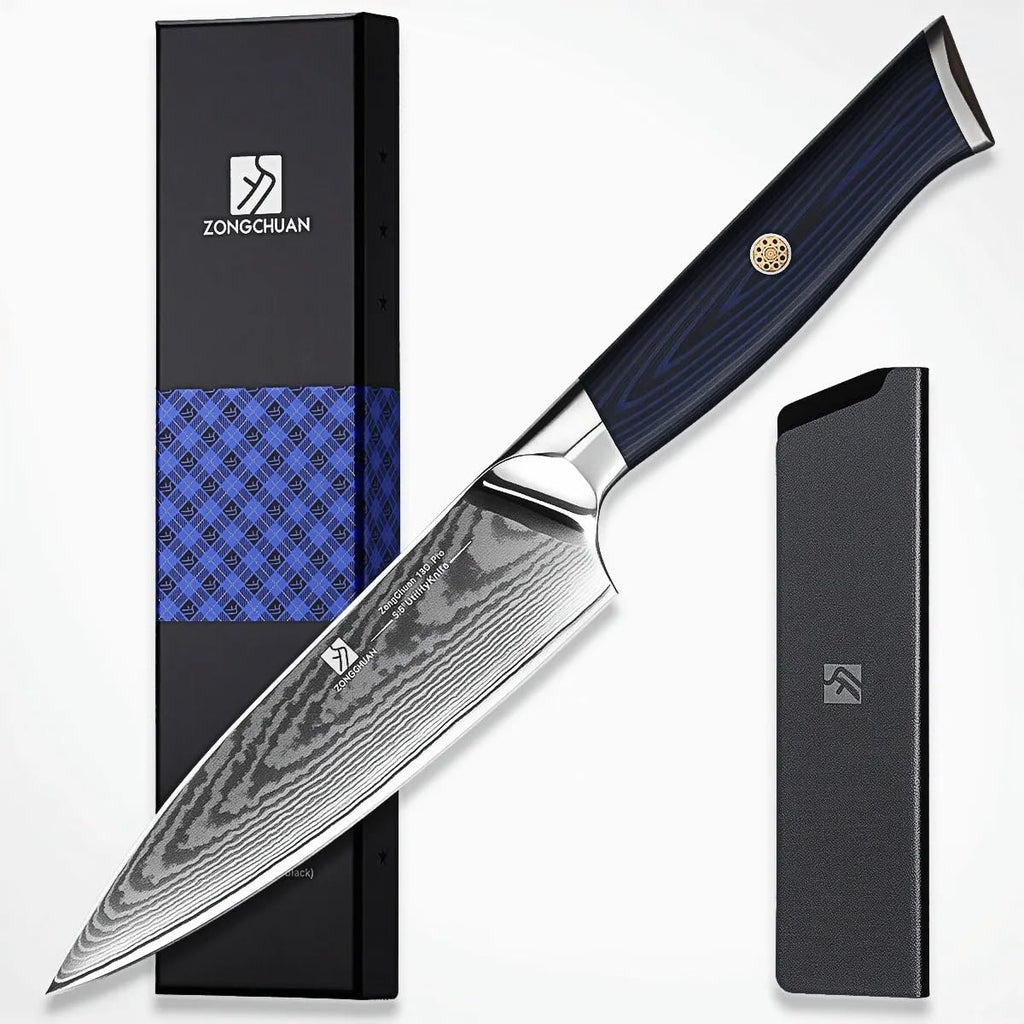 zongchuan 8-Inch Damascus Chef Knife, 67-Layer High Carbon Stainless Steel Kitchen Knife with Ergonomic Blue Black G10 Handle, Protective Sheath & Gift Box for Home and Professional Cooking