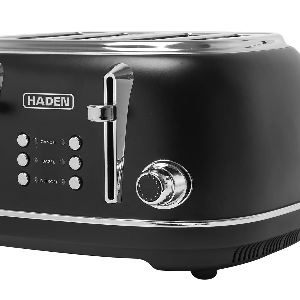 Haden Heritage 4 Slice Wide Slot Stainless Steel Toaster with Adjustable Browning Control & Non-Slip Feet, Black & Chrome