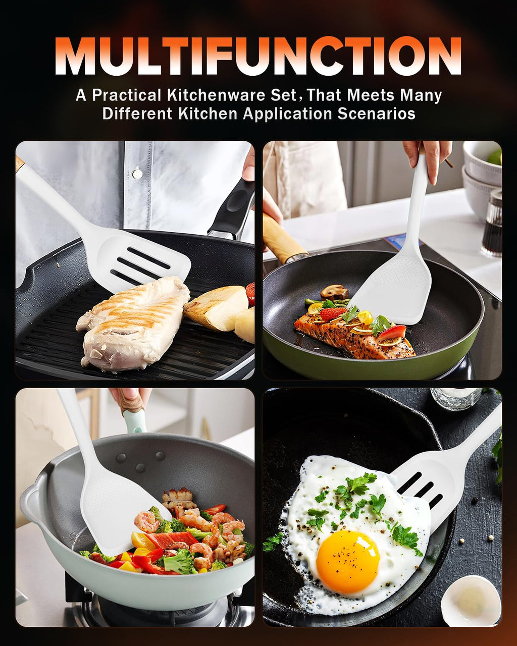 Silicone Wok Spatula Turner Set, Perfect for Scooping, Flipping, Lifting Pancakes and Picking up Veggies, BPA-Free Matte Silicone, Wooden Handles, Safe for Nonstick Cooking Surfaces (White)