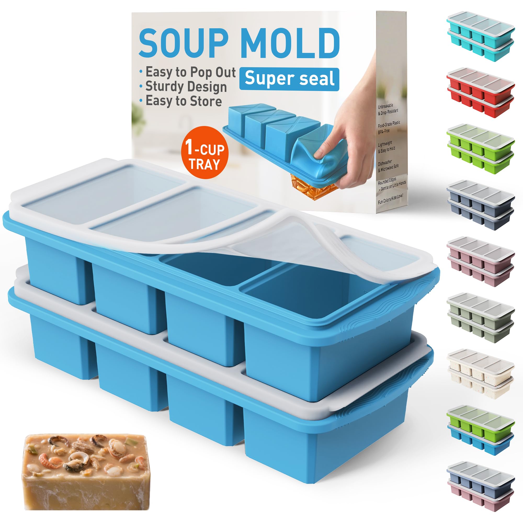 Silicone Freezer Tray with Lid Soup Freezer Container Molds with Steel Reinforced Rim for Freezing Soup Sauce Broth Leftovers large Ice Cube Molds Oven Dishwasher Safe Ice Trays for Freezer with Bin
