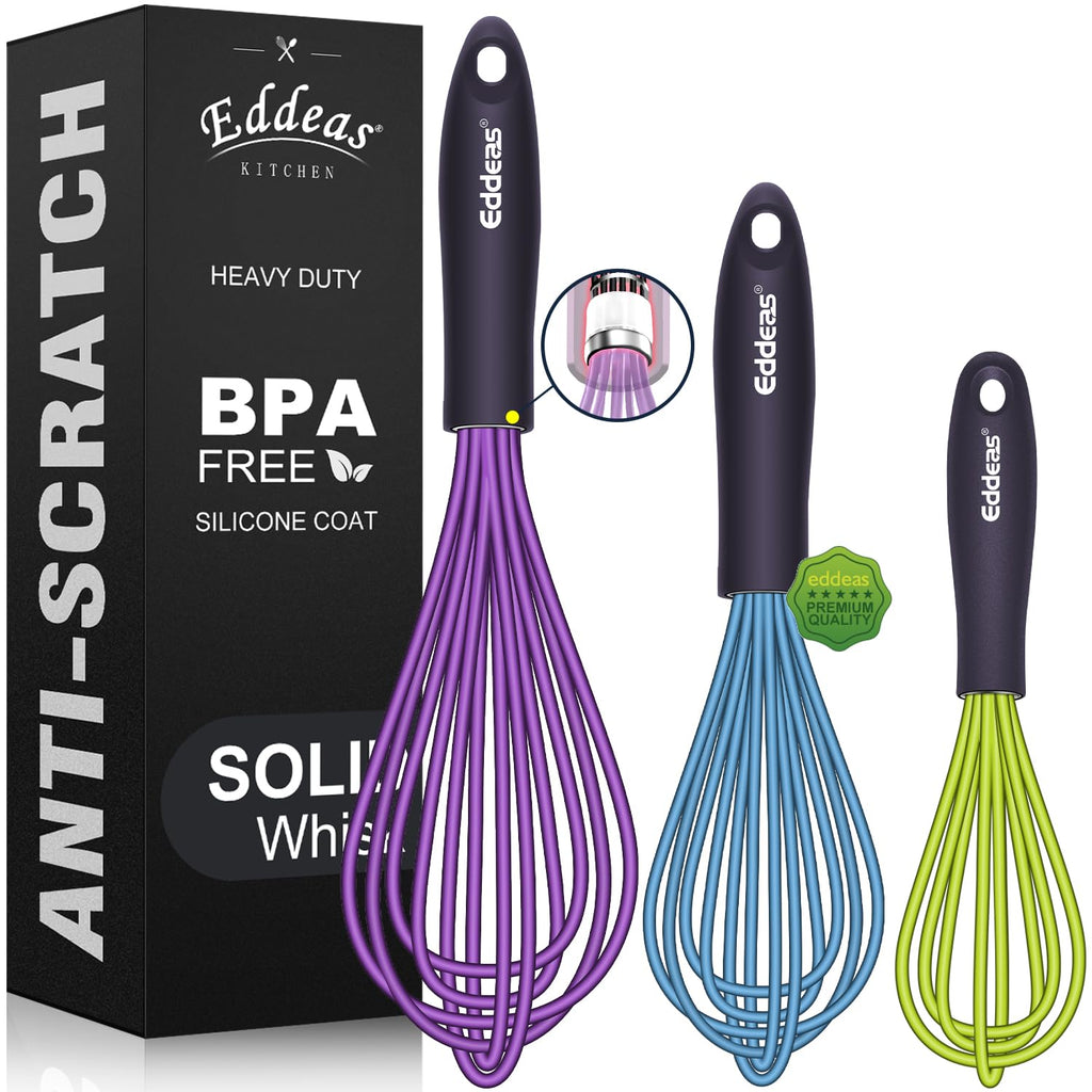 Eddeas Silicone Whisk, 500°F Heat Resistant Non Scratch Coated Whisks for Cooking Baking Balloon wisk, Kitchen Whisk Tool Set, for Stirring, Beating & Blending of 3 Size 7.5"+ 9" +11 inch