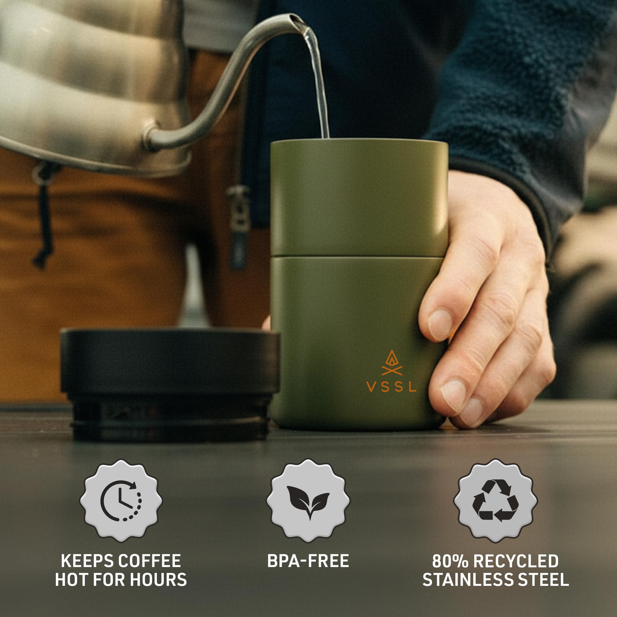 VSSL - Nest Pour Over Coffee Set | Coffee Maker for Camping | All-In-One Travel Pour Over | Transportable Dripper, 10oz Stainless Steel Travel Mug | Compact Storage & Adventure Ready | Deep Moss