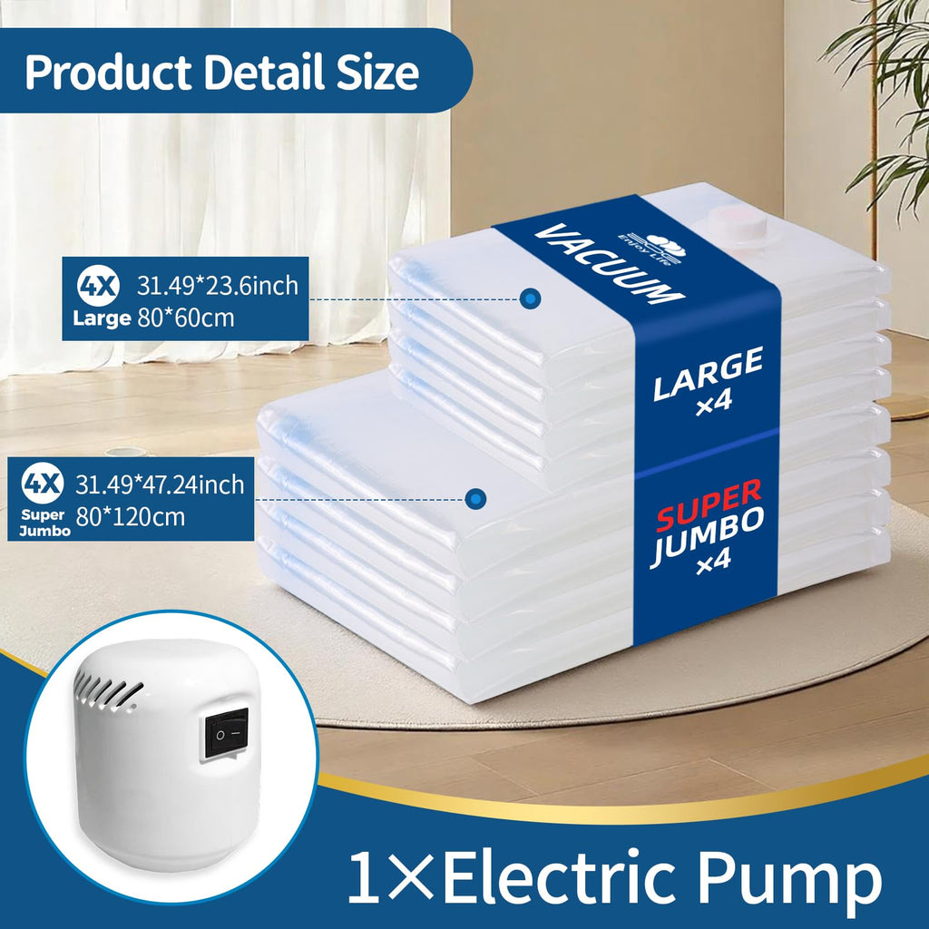 ZoeEnjoyLife Vacuum Storage Bags with Electric Pump 8 Pack Jumbo Size