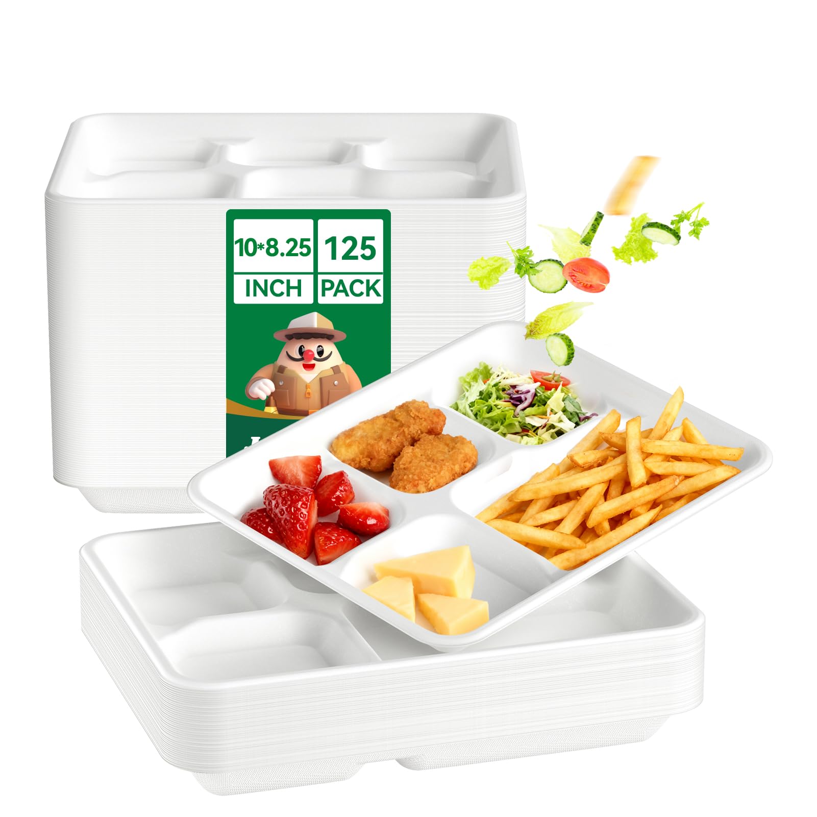 JOLLY CHEF Compostable 𝟱 Compartment Paper Plates 10*8.25*1 𝗶𝗻𝗰𝗵 [𝟭𝟮𝟱 𝗣𝗮𝗰𝗸] Small Heavy Duty Divided Disposable White Eco-Friendly Biodegradable Food Tray for School Lunch Dinner Christmas
