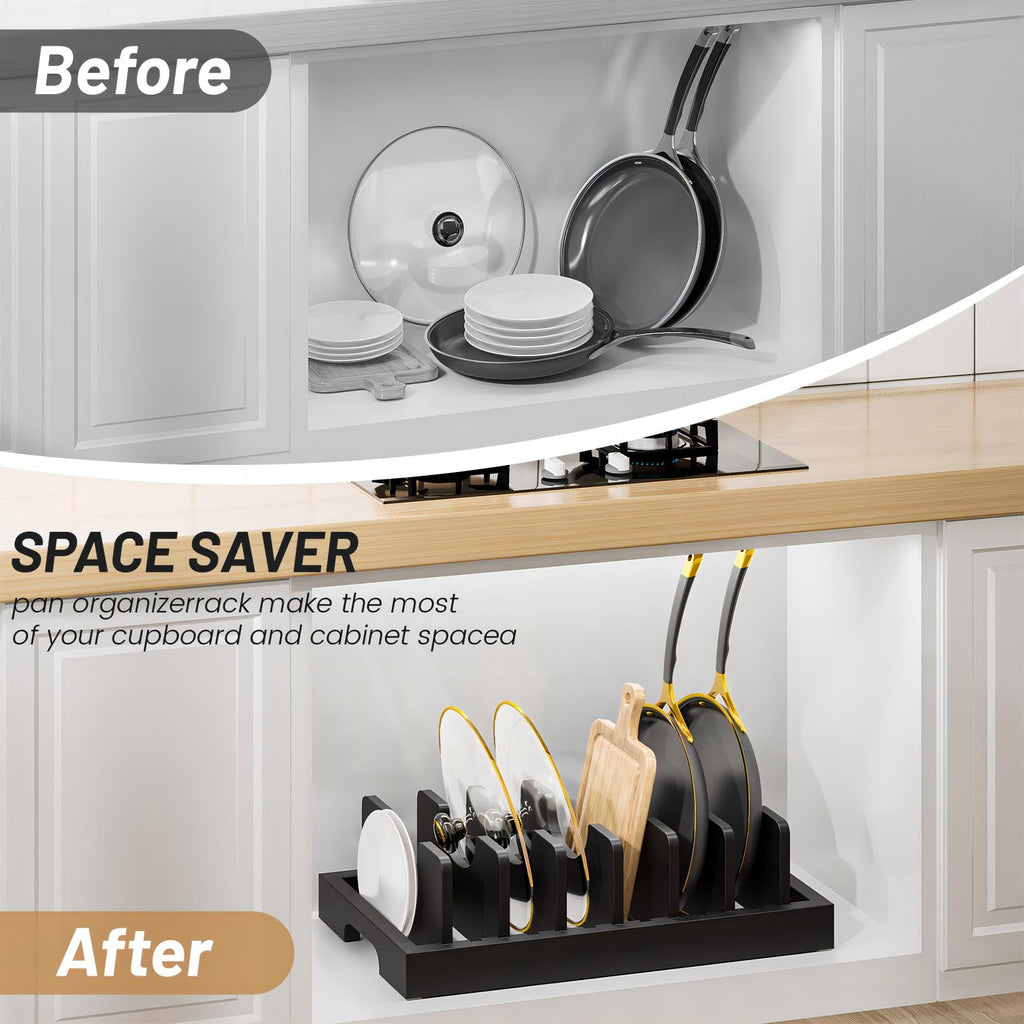 Kiasthome Bamboo Pot and Pan Organizer, Pot Lid Organizer Holder Rack for Countertop Drawer, Kitchen Cabinet Organizer with 7 Adjustable Dividers for Pots, Pans, Baking Sheets, Cutting Boards, Black