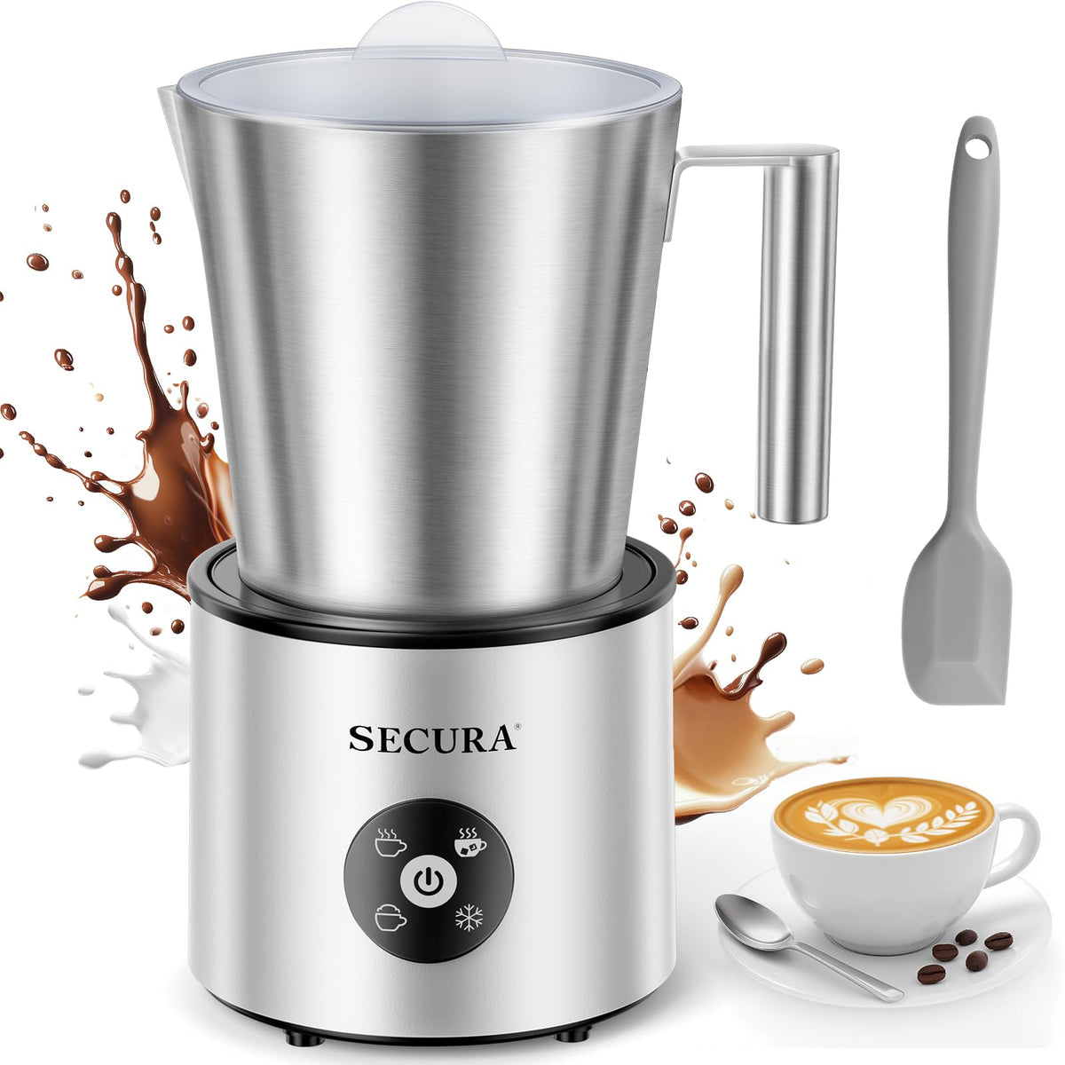 Secura 4-in-1 Electric Milk Frother, 17oz Stainless Steel Jug, Teflon-Free