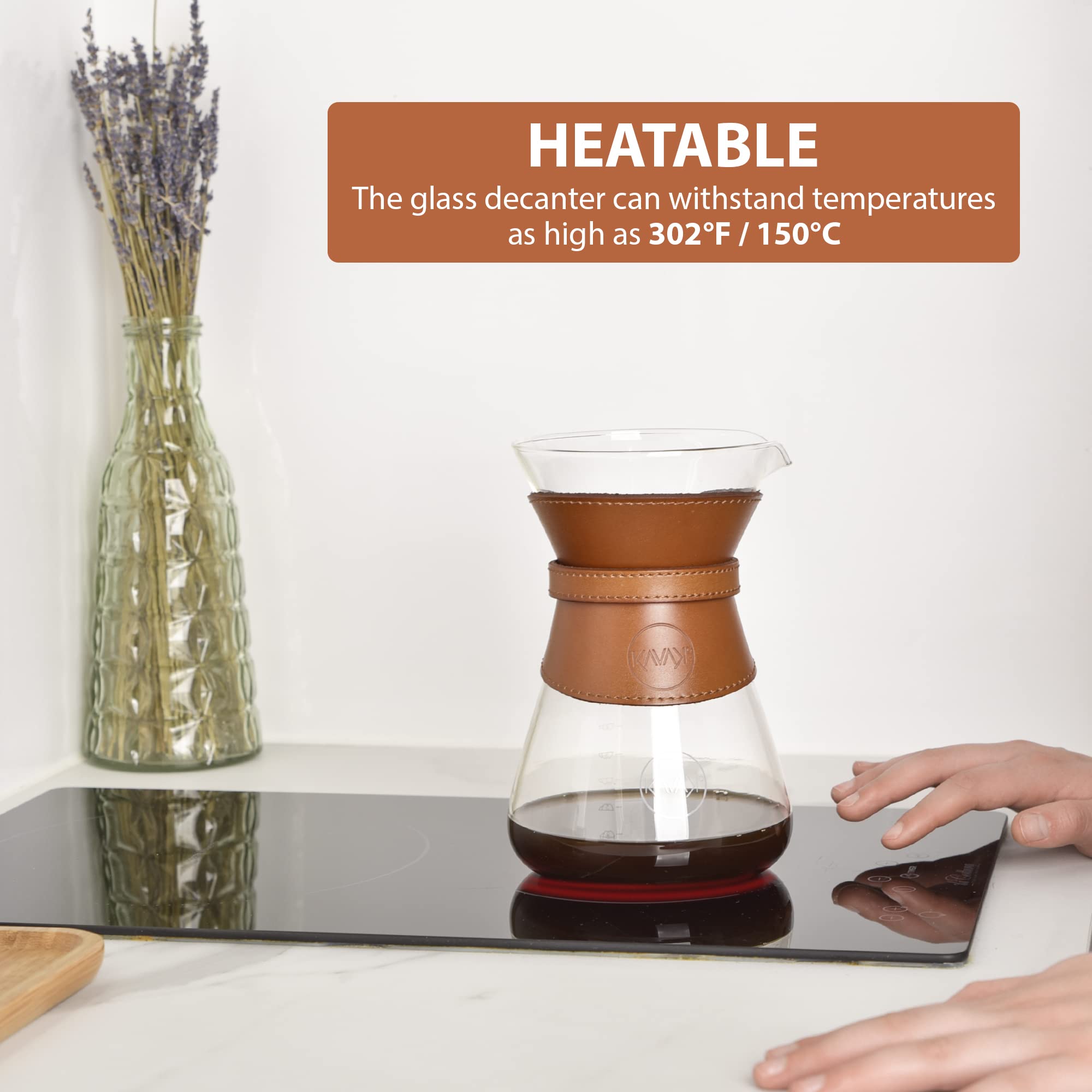 Pour Over Coffee Maker Set with Double-Layer Stainless Steel Filter, Coffee Dripper, Cork Lid and Leather Collar Holder - High Heat Resistance Borosilicate Glass Carafe, Great Gift Idea (37 oz)