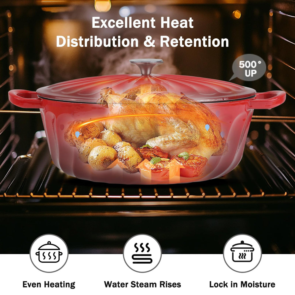 Enameled Oval Dutch Oven Pot with Lid, 7 QT Cast Iron Dutch Oven with Dual Handles for Cooking, Bread Baking, Frying, Non-stick Enamel Coated Oven (7 QT Gradient Red)