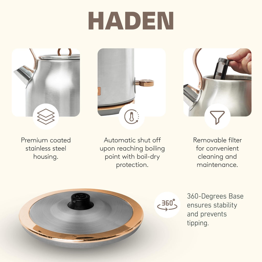 Haden Heritage 4 Slice Wide Slot Stainless Steel Toaster Bundled with 1.7 Liter Stainless Steel Electric Water Kettle, Steel & Copper