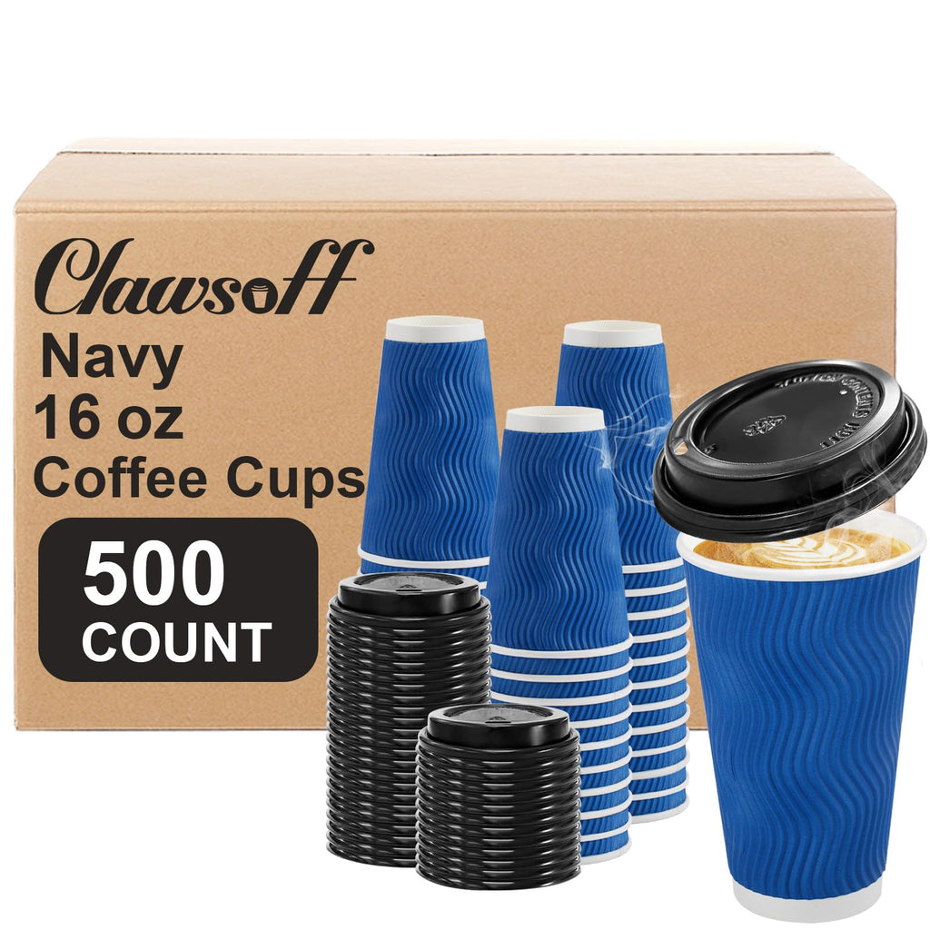 Clawsoff 500 Pack 16 oz Coffee Cups with Lids Disposable Insulated Cup Navy