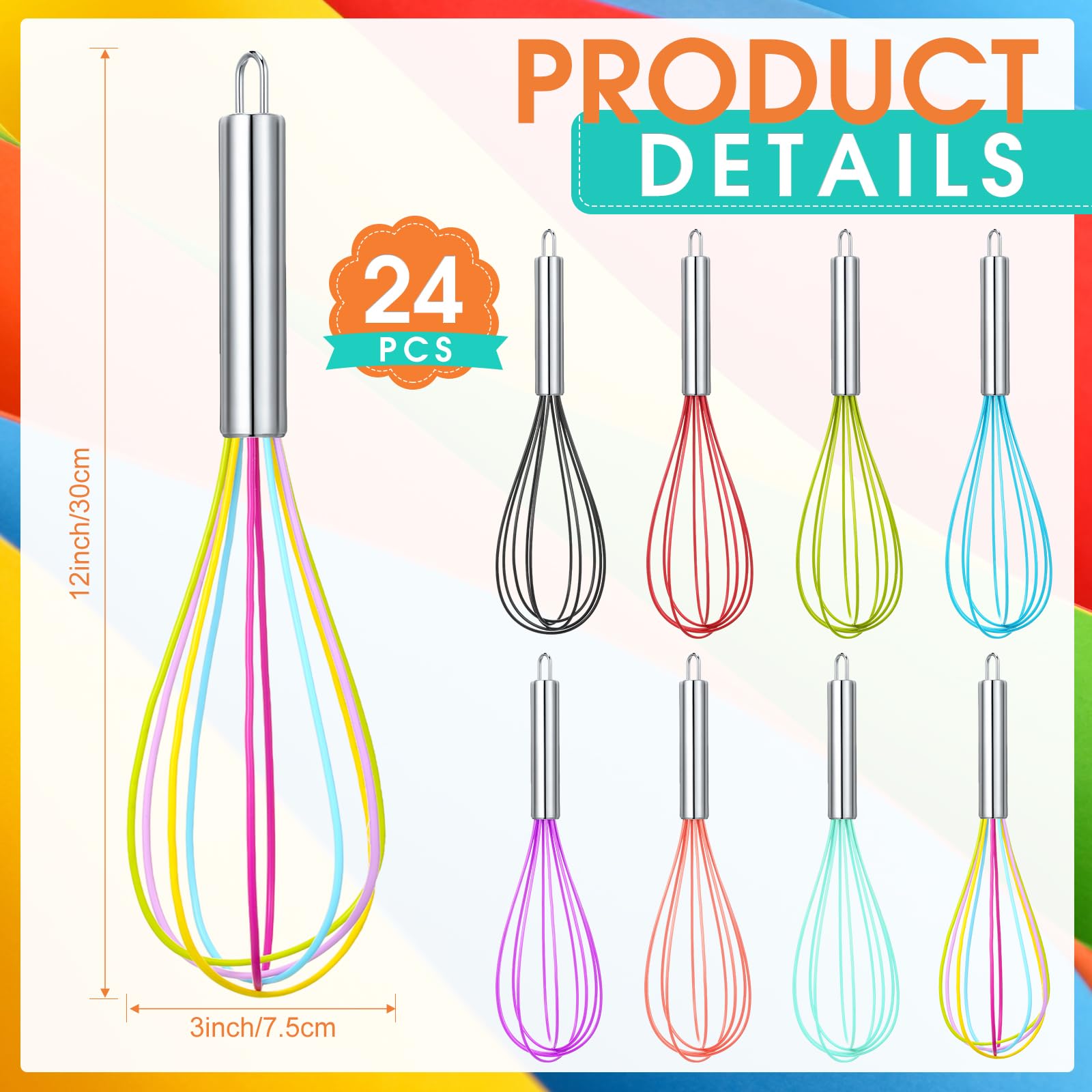Domensi 24 Pcs 12 Inch Whisks Bulk for Cooking Silicone Whisks Non Scratch Stainless Steel Egg Beater Colorful Coated Metal Heat Resistant Egg Beaters for Valentines Day Party Favor Gift Supplies