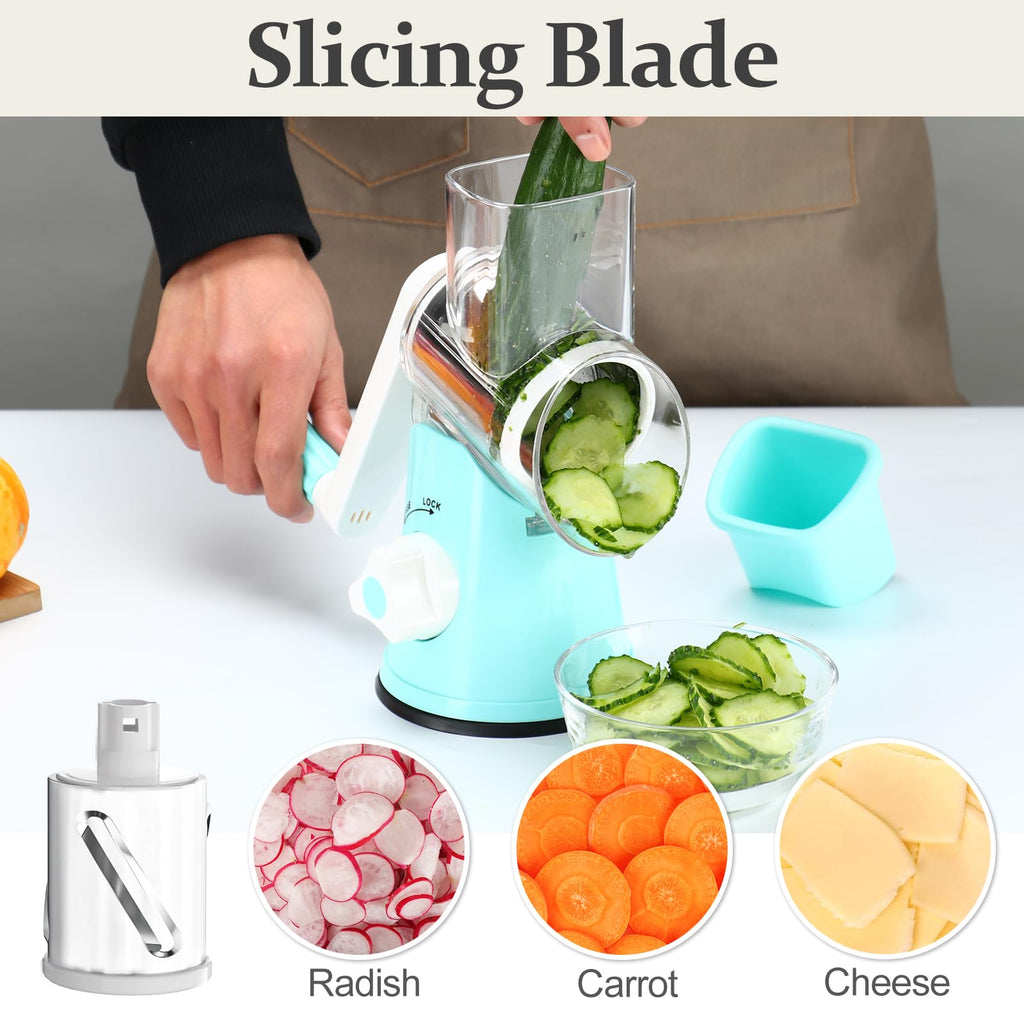 Cambom Rotary Cheese Grater Hand Crank Cheese Shredder for Fresh Cheese, Vegetable, Nuts,Non-slip Suction Base, Five Blades, Blue