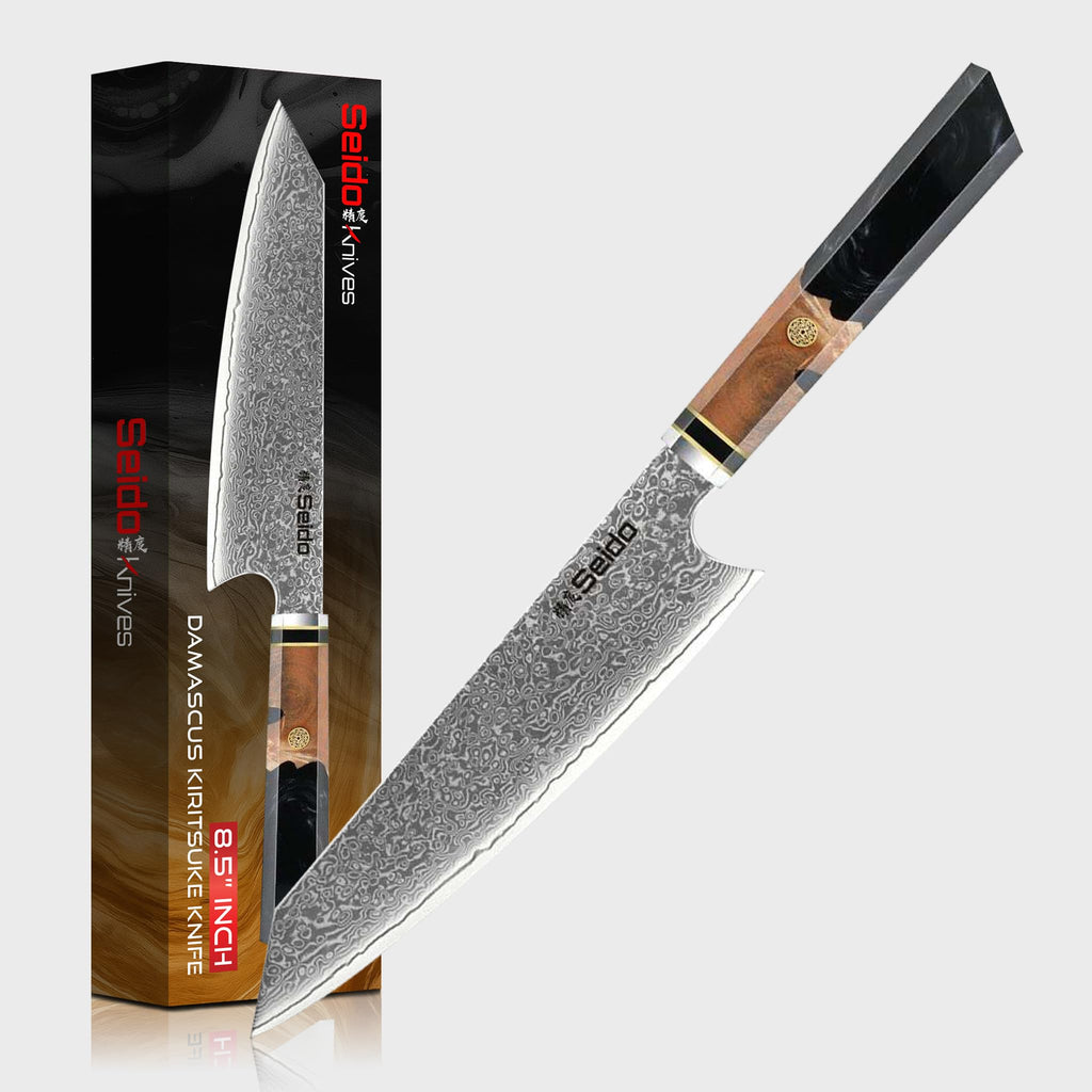 Seido Knives 8.5 Inch Kiritsuke Damascus Chef Knife, VG10, Blue Resin