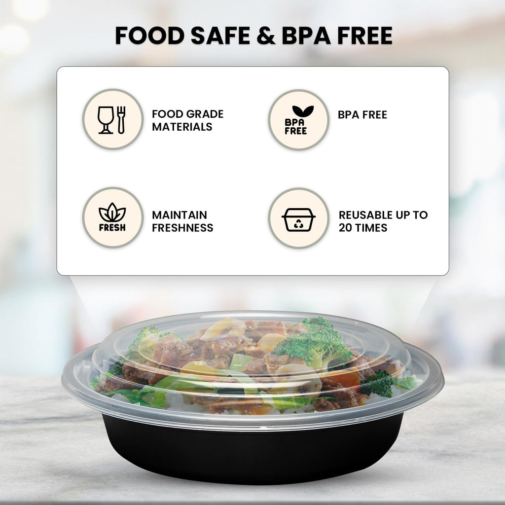 Klex 32 Oz, 50 Sets Meal Prep Containers with Airtight Lids, BPA Free, Reusable Plastic Food Container, 32 oz, Round, Black/Clear, 50 Sets