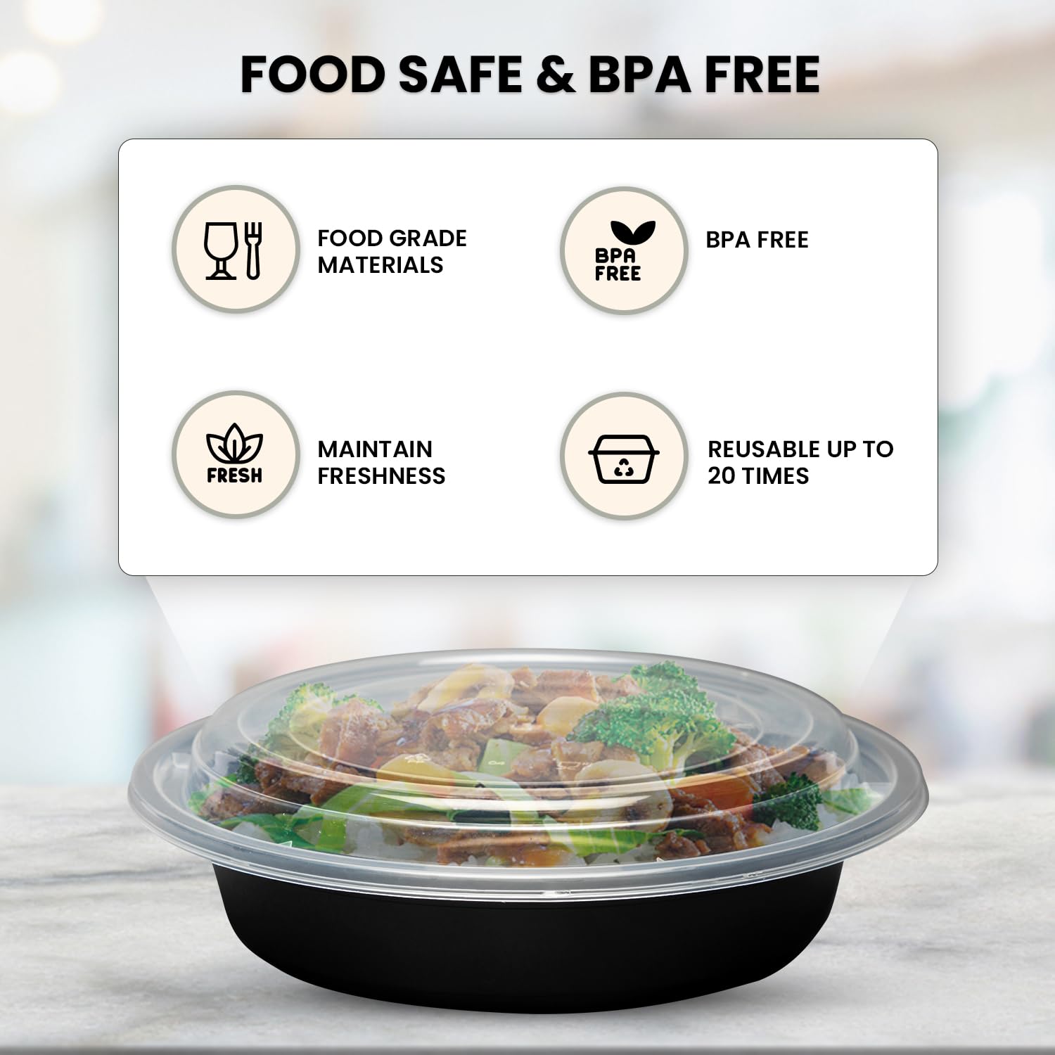 Klex 32 Oz, 50 Sets Meal Prep Containers with Airtight Lids, BPA Free, Reusable Plastic Food Container, 32 oz, Round, Black/Clear, 50 Sets