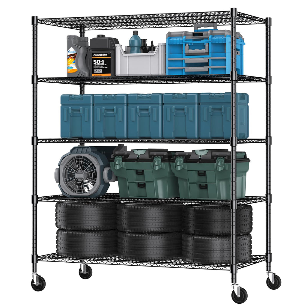 Himimi 72" H Storage Shelves 4 Tier Metal Shelving Adjustable Wire Shelf with Wheels, Heavy Duty Shelving for Garage Kitchen Pantry Bathroom Laundry 18" D*48" W*72" H, Black
