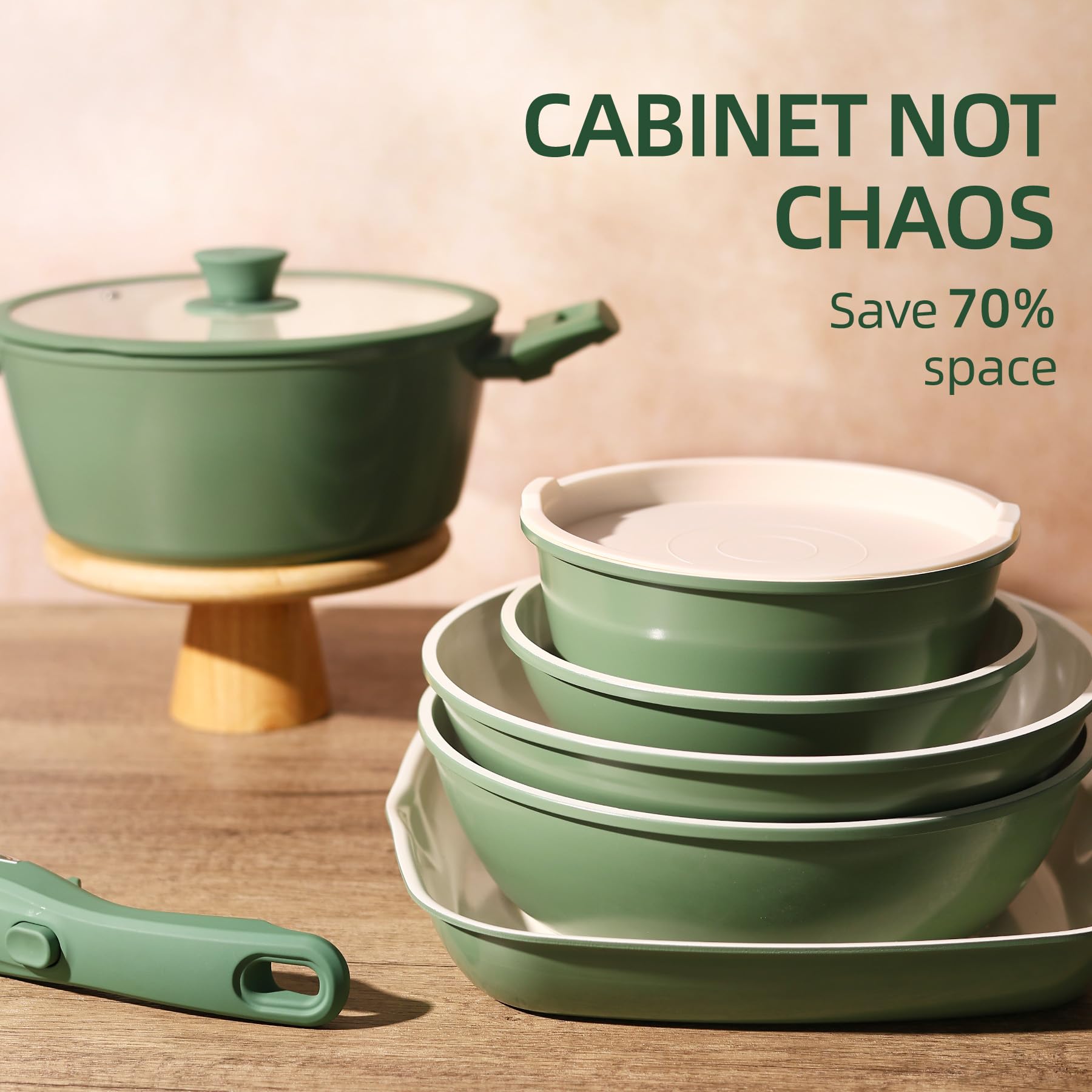 BECIGAR 23pcs Ceramic Pots and Pans Set, Nonstick Detachable Handle Cookware, Induction Kitchen Cooking Set with Removable Handle,include Frying Pans & Saucepans Oven Safe(Green)