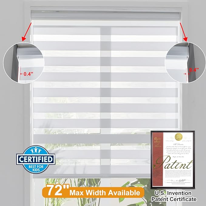 Persilux Cordless Zebra Blinds for Windows (58" W X 72" H, White) Free-Stop Roller Windows Shades Dual Layer Light Control for Day and Night, Light Filtering Sheer Shades for Home, Easy to Install