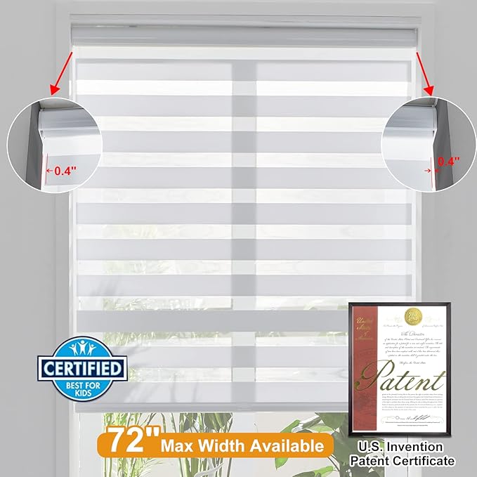 Persilux Cordless Zebra Blinds for Windows (45" W X 64" H, White) Free-Stop Roller Windows Shades Dual Layer Light Control for Day and Night, Light Filtering Sheer Shades for Home, Easy to Install