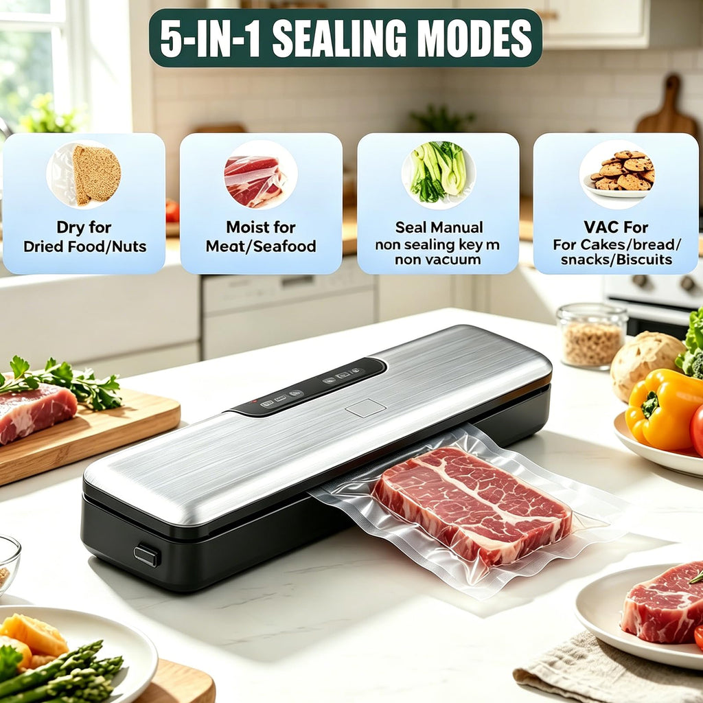 Compact Food Saver Vacuum Sealer Machine 100 Times Consecutive Works | 5mm Sealing Wire | 5 Food Modes | Portable Dry&Moist Multi-Functional Storage with 10 Vacuum Seal Bags