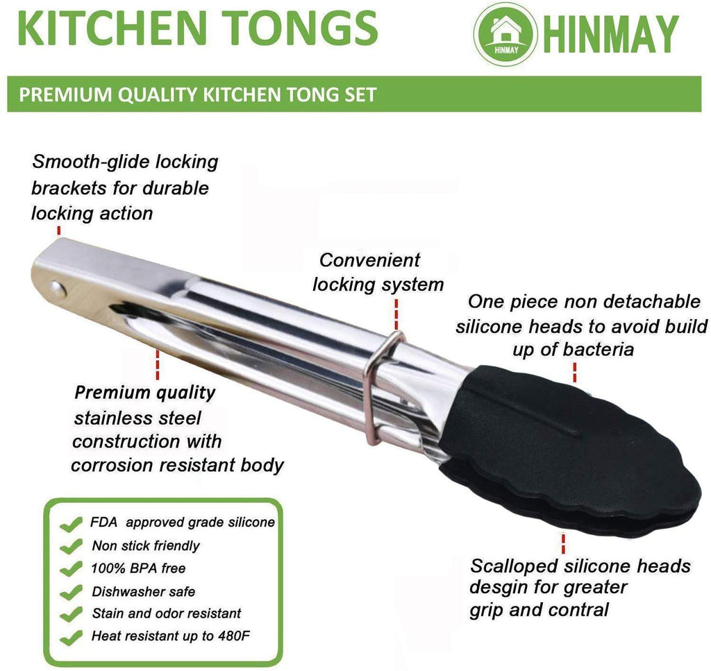 HINMAY Mini Tongs with Silicone Tips 7-Inch Kitchen Tongs, Set of 3 (Black)