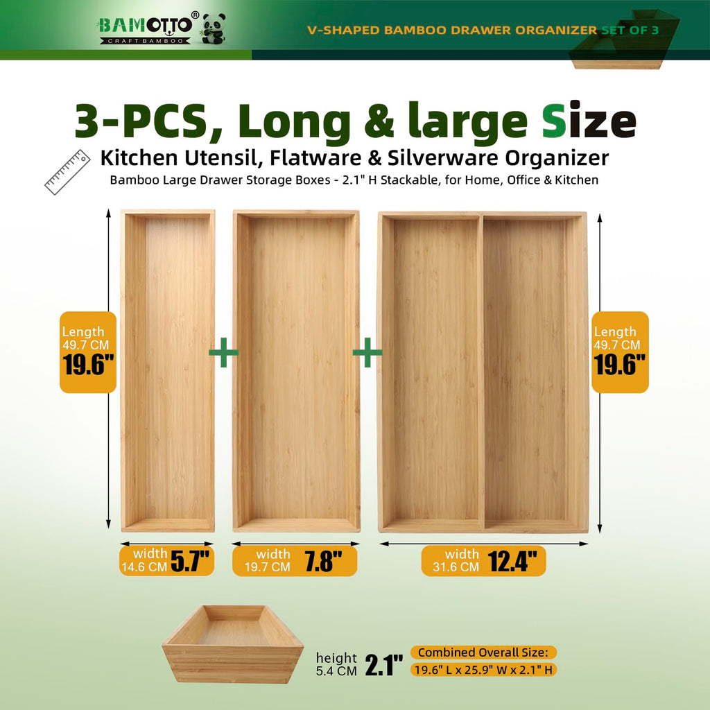 BAMOTTO CRAFTBAMBOO Large Long V-Shaped Bamboo Drawer Organizer Set of 3