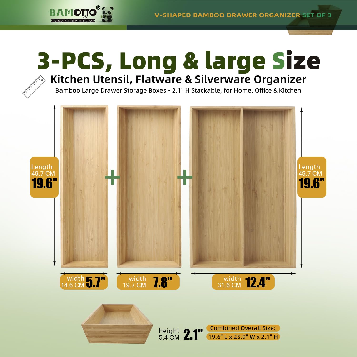 BAMOTTO CRAFTBAMBOO Large Long V-Shaped Bamboo Drawer Organizer Set of 3