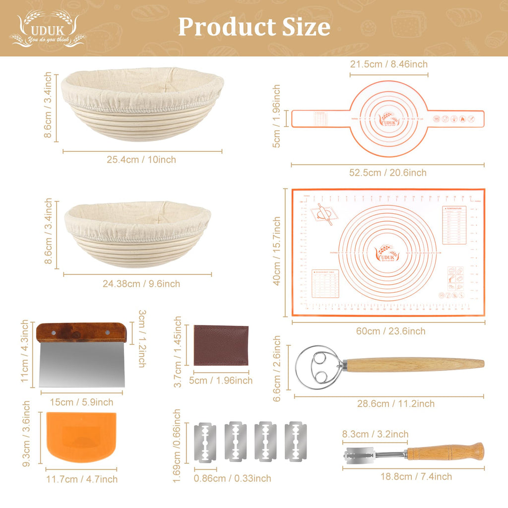 UDUK Bread Proofing Basket Set with 10" Round and 9.6" Round Banneton Baskets, Silicone Bread Sling Baking Mat, Whisk Cutter Scraper Lame - Sourdough Bread Baking Supplies Ideal Sourdough Starter Kit