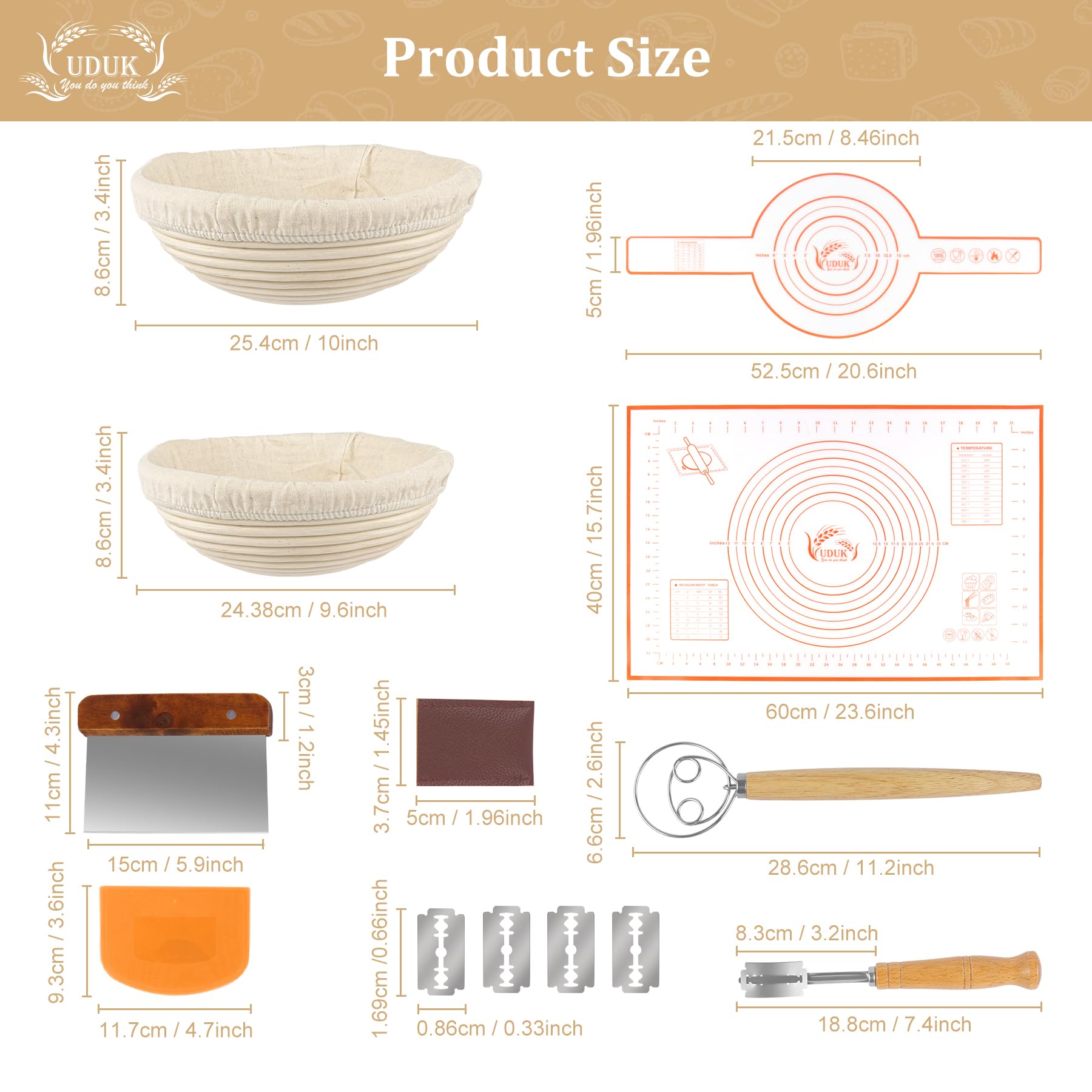UDUK Bread Proofing Basket Set with 10" Round and 9.6" Round Banneton Baskets, Silicone Bread Sling Baking Mat, Whisk Cutter Scraper Lame - Sourdough Bread Baking Supplies Ideal Sourdough Starter Kit