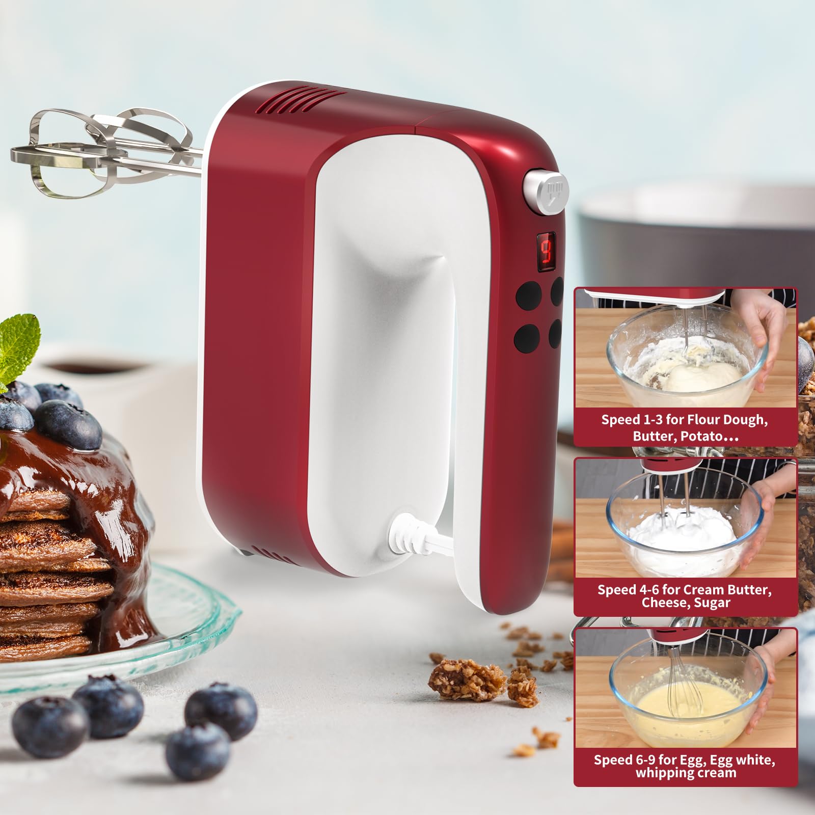 Yomelo 9-Speed Digital Hand Mixer Electric, 400W Powerful DC Motor, Hand Mixer Electric Handheld with Snap-On Storage Case, 5 Stainless Steel Accessories, Beaters, Dough Hooks, Whisk(Red/White)
